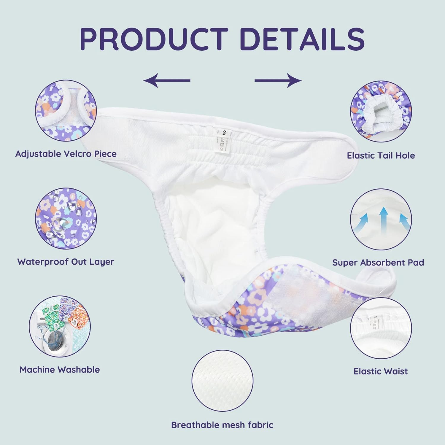 BELLA & PAL Washable Dog Diapers Female, 3 Pack Highly Absorbent Dog Diapers for Small Dogs, Leak-Proof Puppy Diapers for Female Dog in Heat, Period (XS (7-10" Waist), Pink& Purple& Green) image number 3