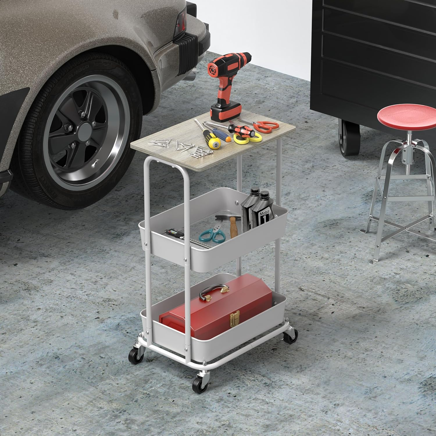 Simple Houseware 3 Tier Trolley Cart with Top Board, Metal Utility Cart, Maple