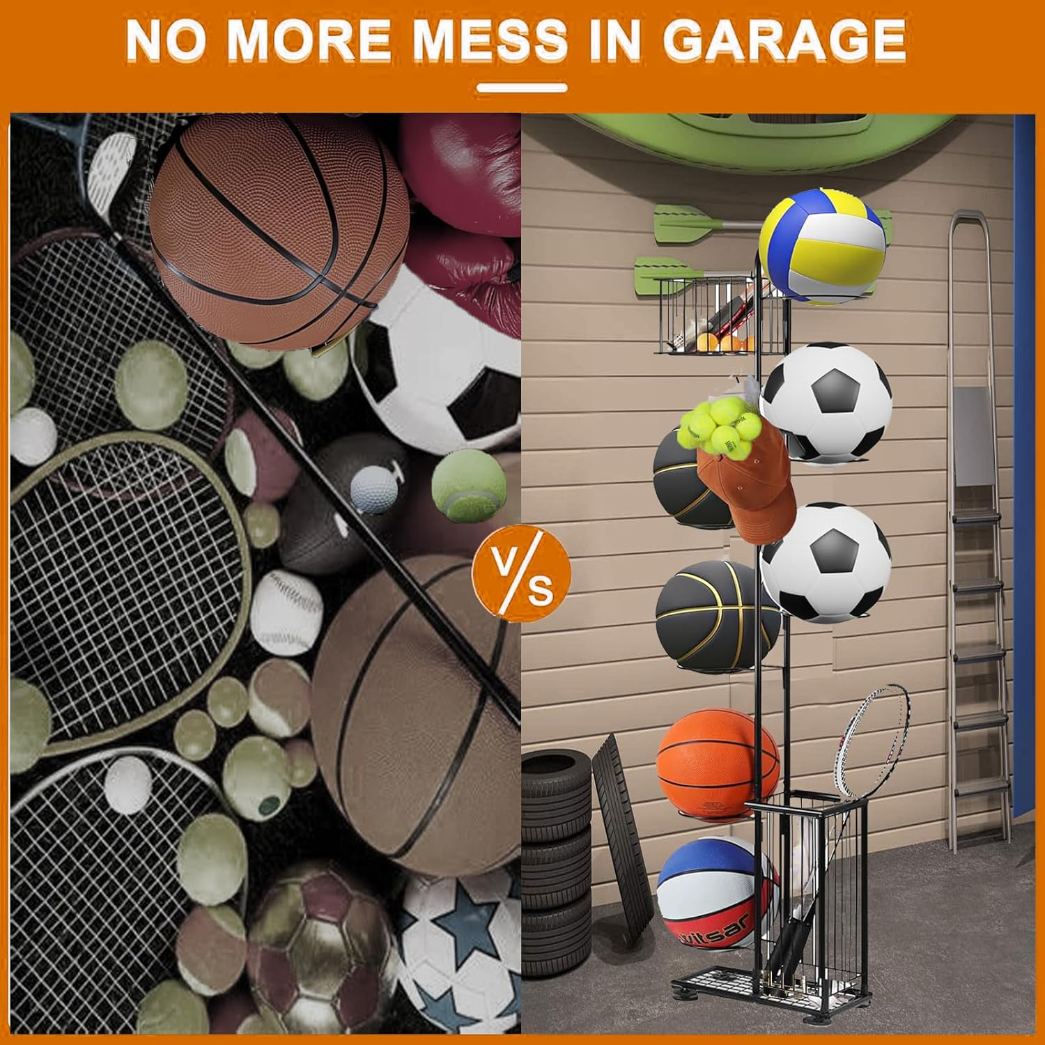Basketball Rack,Sports Equipment Organizer,7 Tier Standing Basketball Holder Garage Ball Storage for Volleyball Football Badminton,Indoor/Outdoor Ball Storage Rack with Baskets,Side Bin and Hooks image number 1