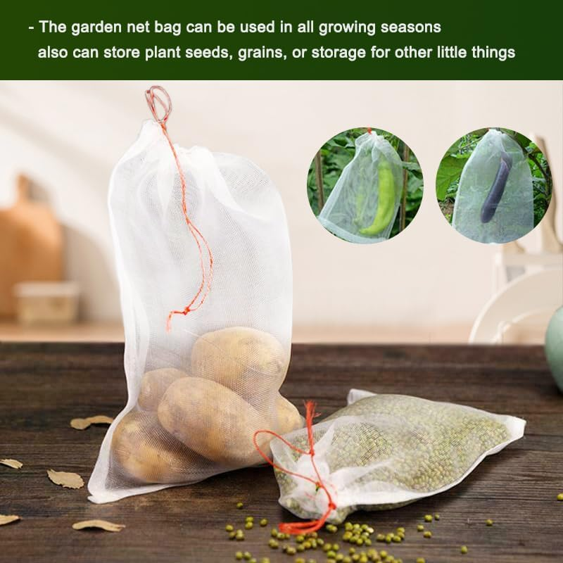 Leona Co Fruit Protection Bags, 100Pcs Fruit Netting Bags Garden Garden Netting Bags Fruit Tree Bags Drawstring Nylon Mesh Netting Barrier Bag for Protecting Fruits and Vegetables (10X15) image number 2