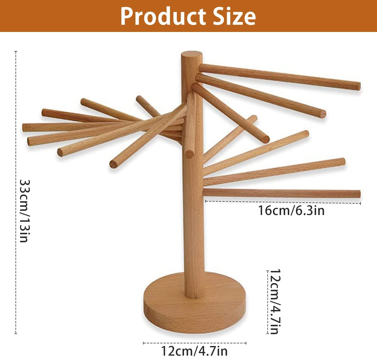 Collapsible Pasta Drying Rack, Wooden Spaghetti Stand Dryer with 16 Suspension Rods Homemade Fresh Noodle Tree Stand Hanger, Easy Storage & Quick Set-Up Hanging Rack for Home Kitchen (A)