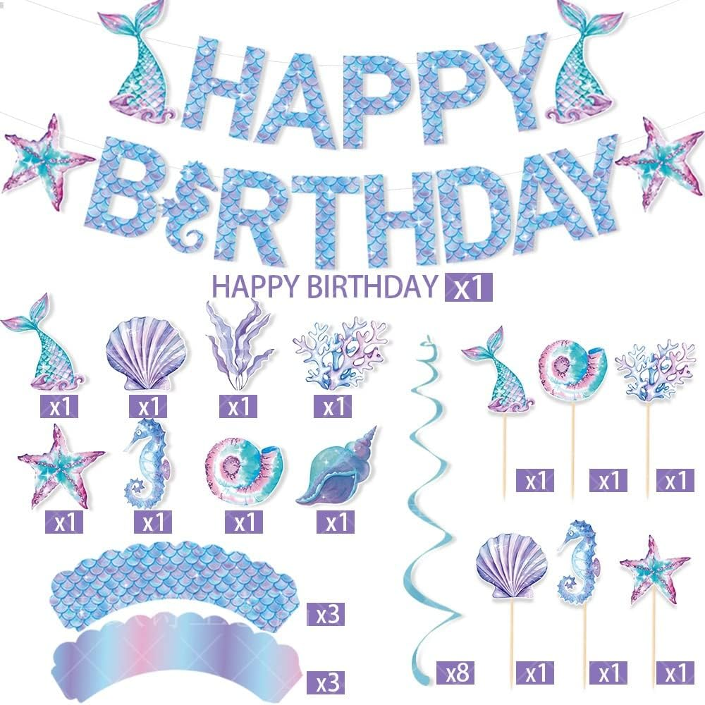 Mermaid Happy Birthday Banner Cake Toppers Hanging Swirls Cupcake Toppers under the Sea Little Mermaid Themed Birthday Decor for Mermaid Princess Birthday and Shower. image number 3