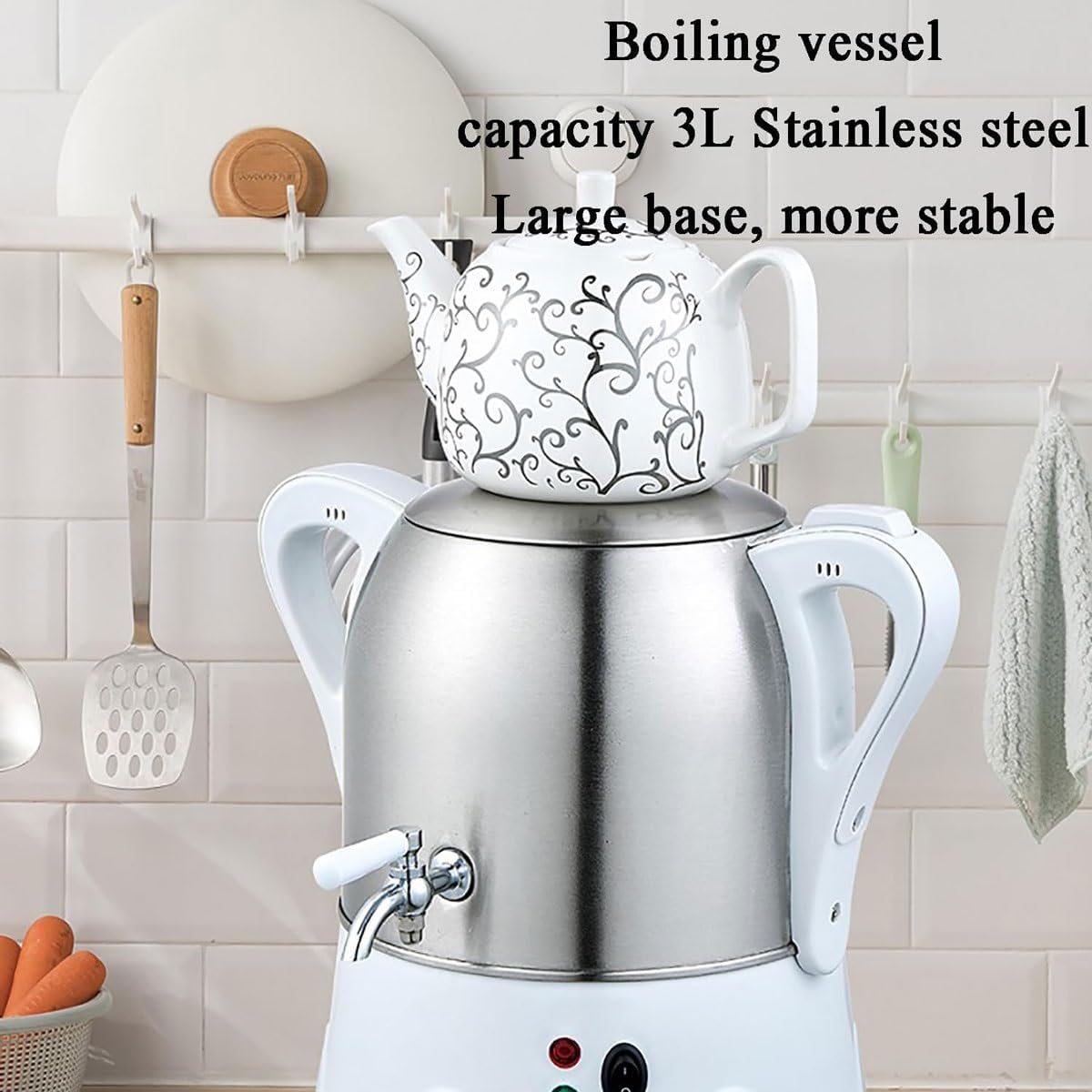 Electric Turkish Tea Maker, 3L Stainless Steel Teapot, 1L Ceramic Teapot, Electric Turkish Samovar with Keep Warm Function, for Coffee, Scented Tea, Turkish Tea(Black) image number 3