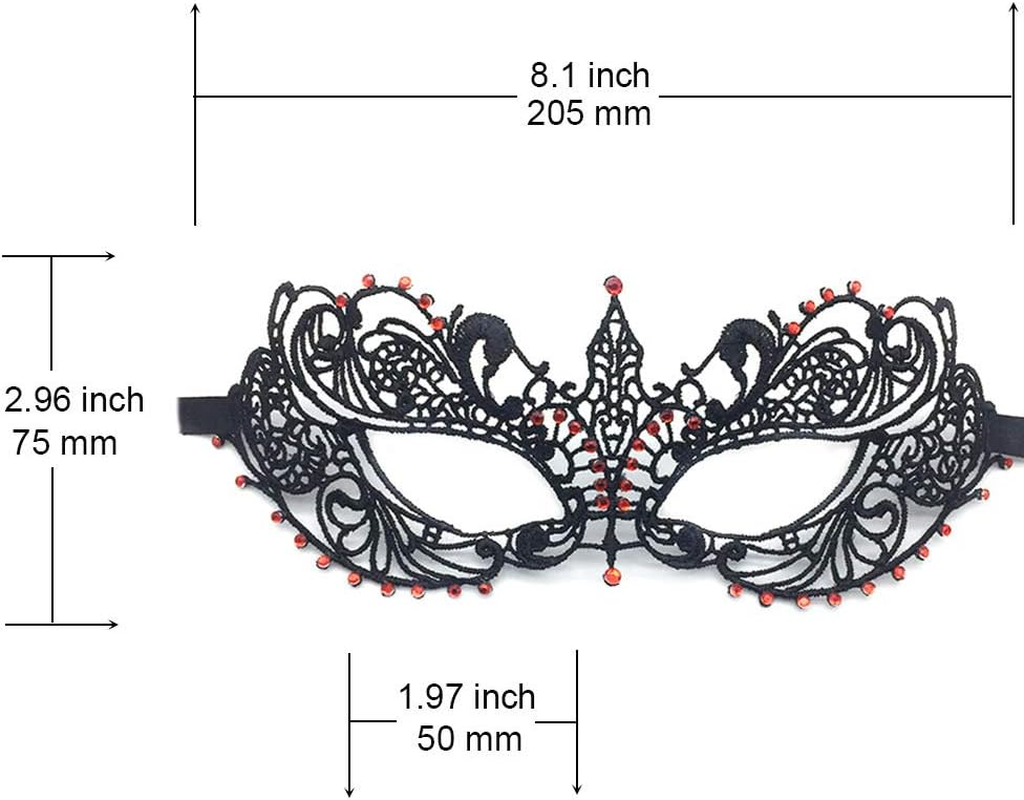 Imapo Masquerade Mask with Red Shiny Rhinestones, Sexy Mardi Gras Masks for Women Lady, Christmas Cosplay Venetian Party Prom Ball Lace Eye Masks - Black