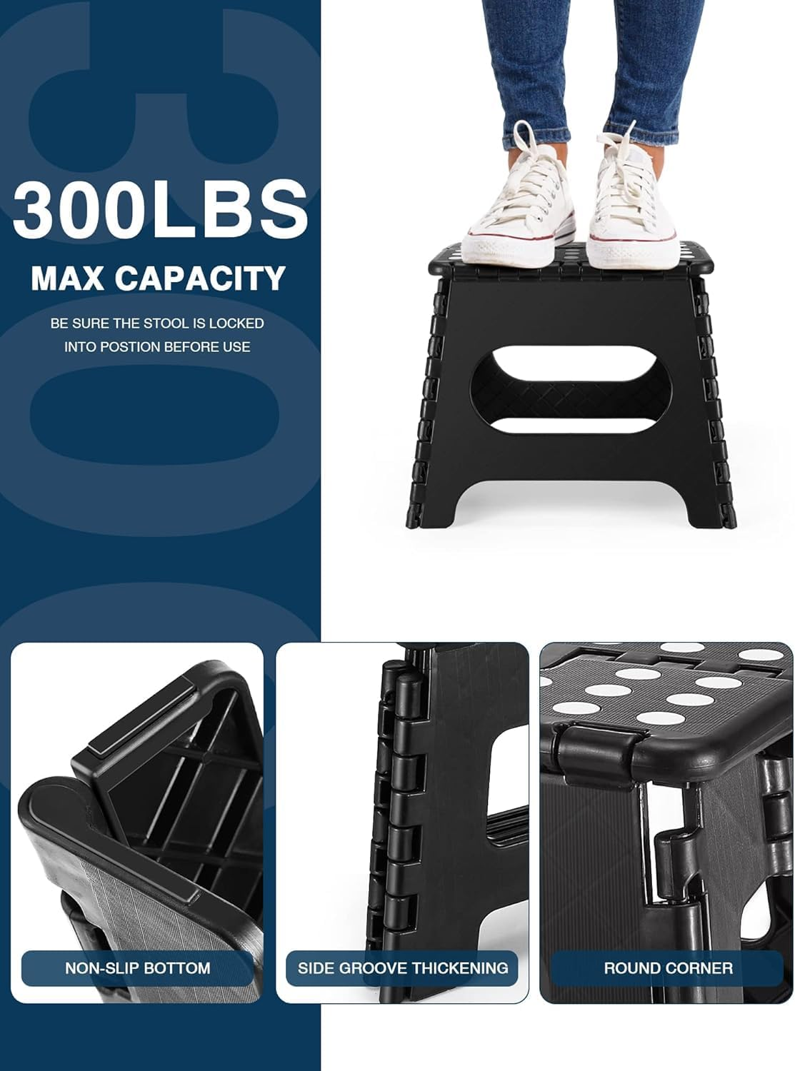 Folding Step Stool 11", Durable Kids Step Stool, Heavy Duty Step Stools for Adults, Compact Foot Stools, Light-Skid Resistant and Open with One Flip for Kitchen, Bathroom, Holds up to 300 Lbs (Black) - White image number 2