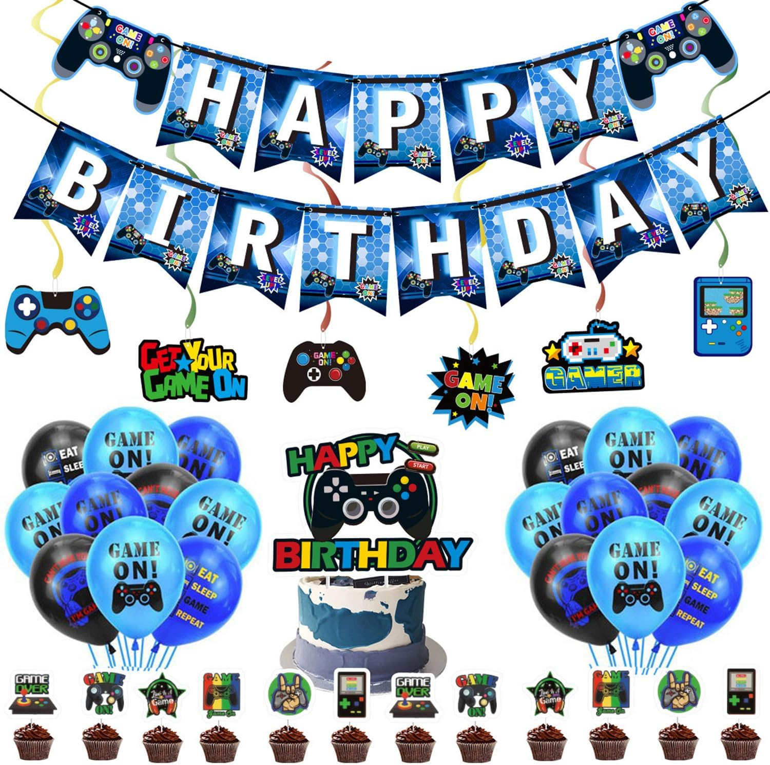 Video Game Birthday Party Decorations Blue Game on Party Supplies Gaming Birthday Decoration Including Happy Birthdays Banner, Hanging Swirls, Latex Balloons and Cake Decorations image number 4