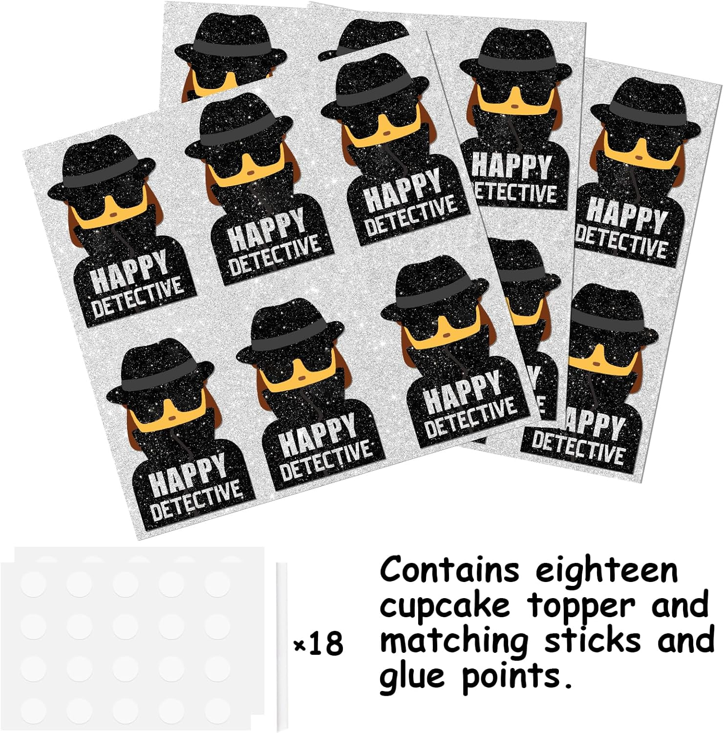 18Pcs Glitter Dessert Cupcake Topper Mystery Crime Clue Evidence Detective Agent Theme Happy Birthday Party Decor Supplies Decorations image number 1