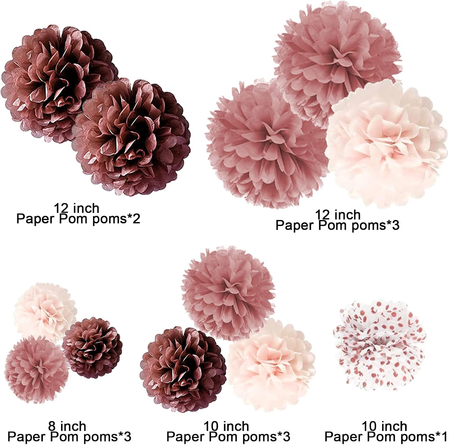 AIM & GGKK 12Pcs 8" 10" 12" Paper Pompom Rose Gold Gradient Rose Gold Dot White Tissue Hanging Paper Pom Poms,Flower Ball Wedding Birthday Party Decoration image number 1