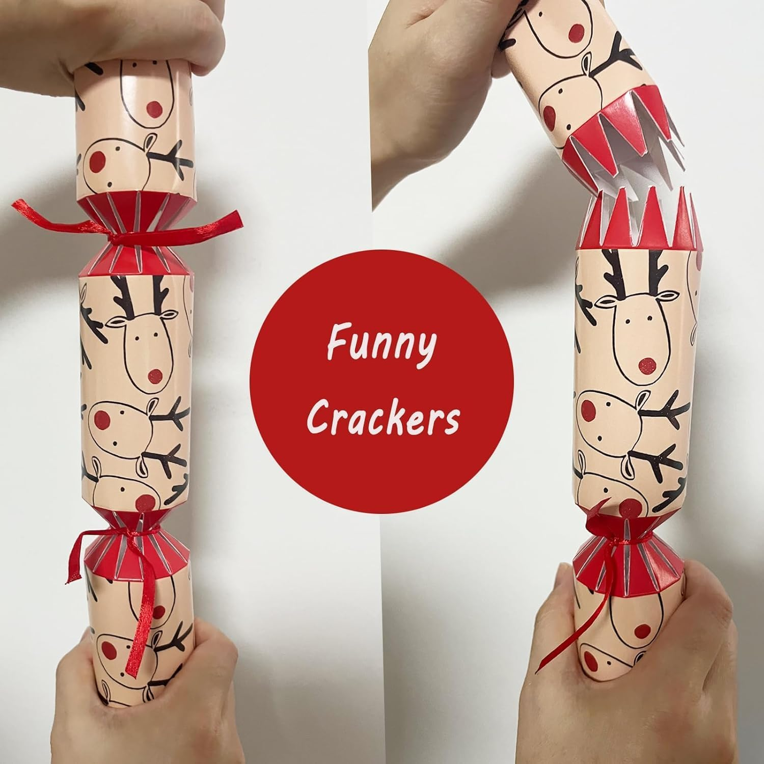 Volsha 10 Luxury Chritmas Crackers, 10 Hats 20 Strings Christmas Party Game Deer DIY Cracker Festive Seasonal (Brown) (Brown) - Red image number 4