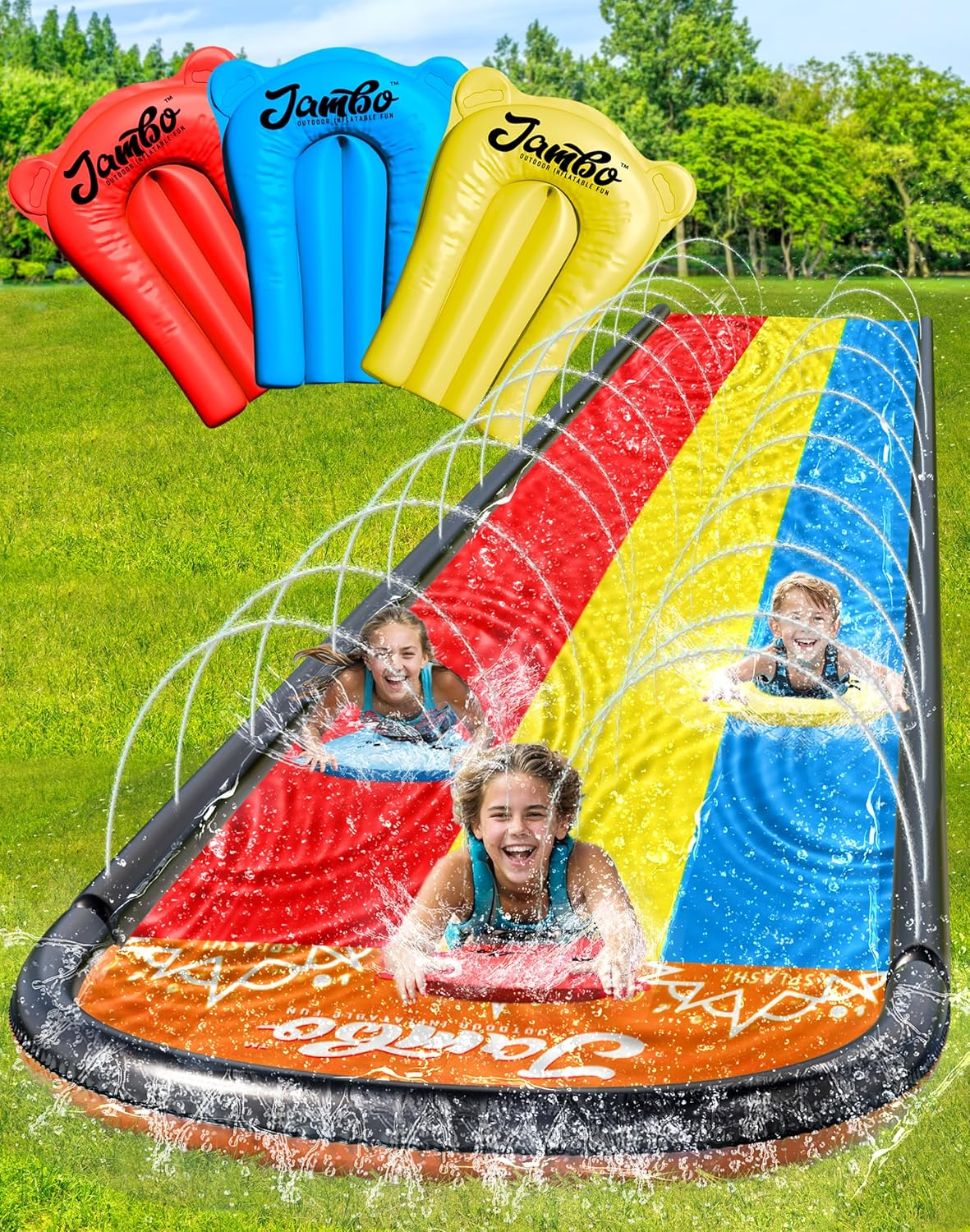 Triple Lane Slip, Splash and Slide (Updated 2020 Model) for Backyards| Water Slide Waterslide with 3 Boogie Boards | 16 Foot, 3 Plassliding Racing Lanes & Sprinklers | Durable Quality PVC Construction image number 5