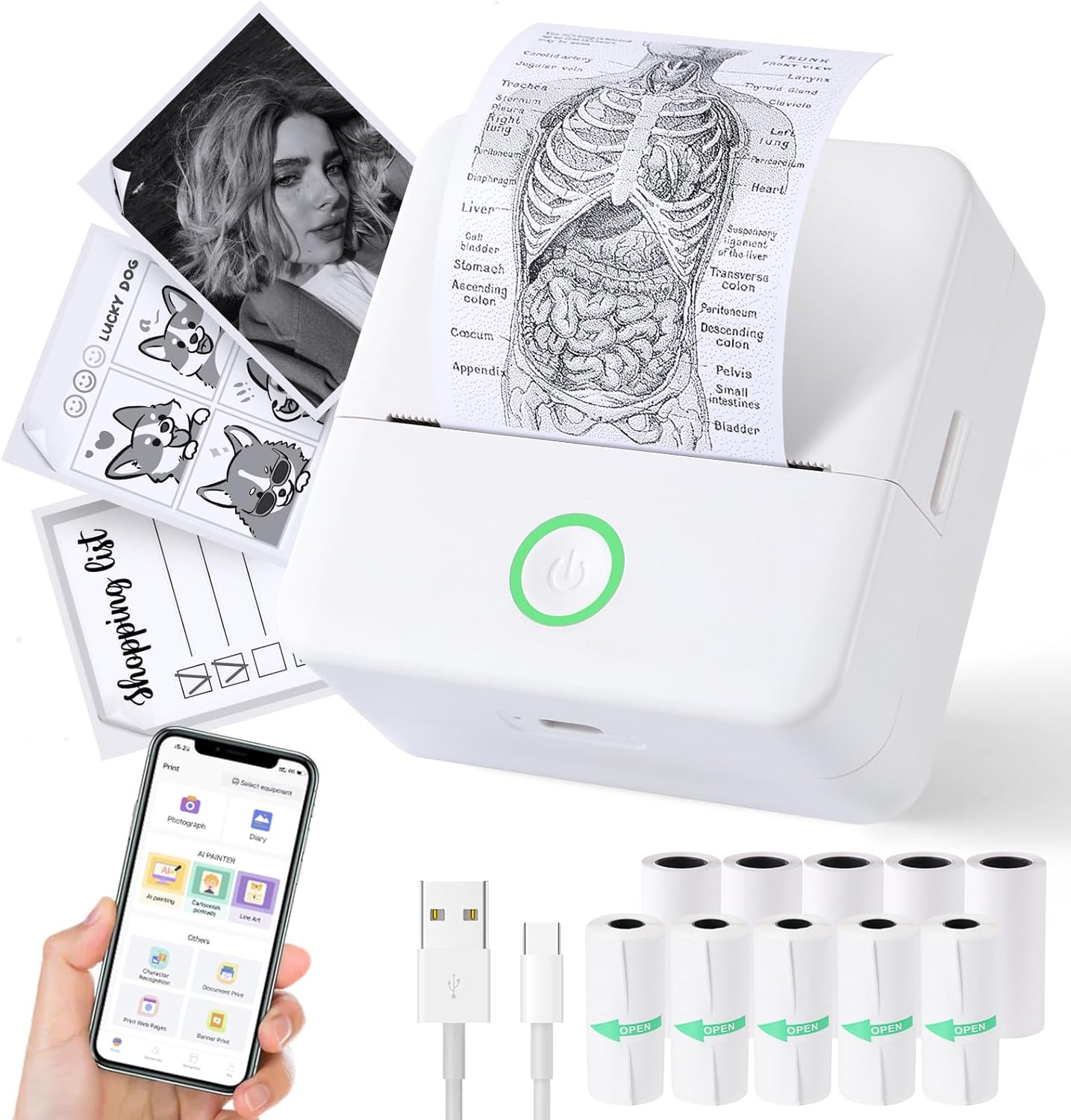 Cudinham Print Pods Mini Printer, Sticker Printer with 10 Rolls Thermal Printing Paper, Inkless Pocket Printpod for Phone, Impresora Port&aacute;til for Notes, DIY, Compatible with Ios & Android (White)
