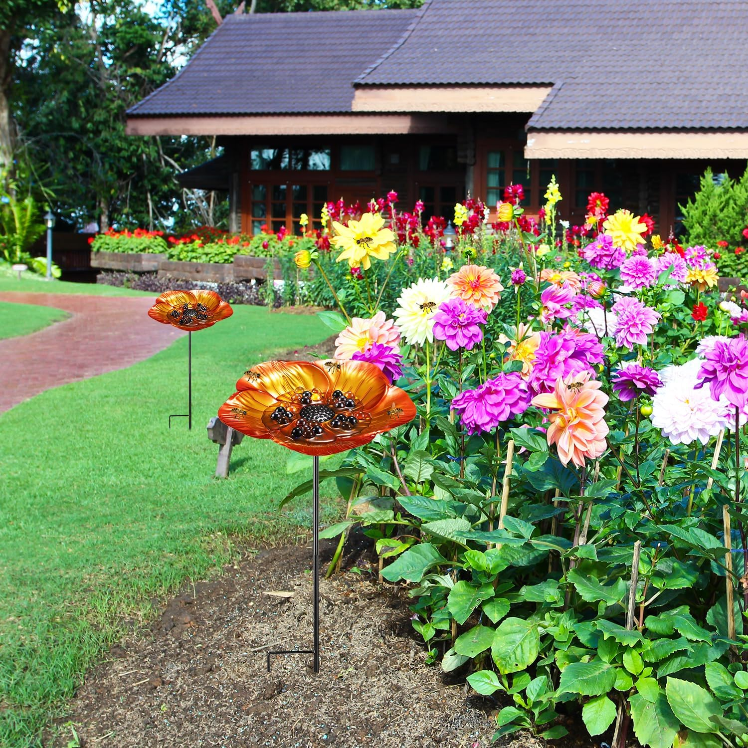 Bee Feeder with Flower Design, Iron Vivid Bird Watering Station Bee Drinking Stations Mini Bee Water Cups with 30Pcs Colorful Glass Marbles for Birds Butterfly outside Garden Courtyard Decor image number 3