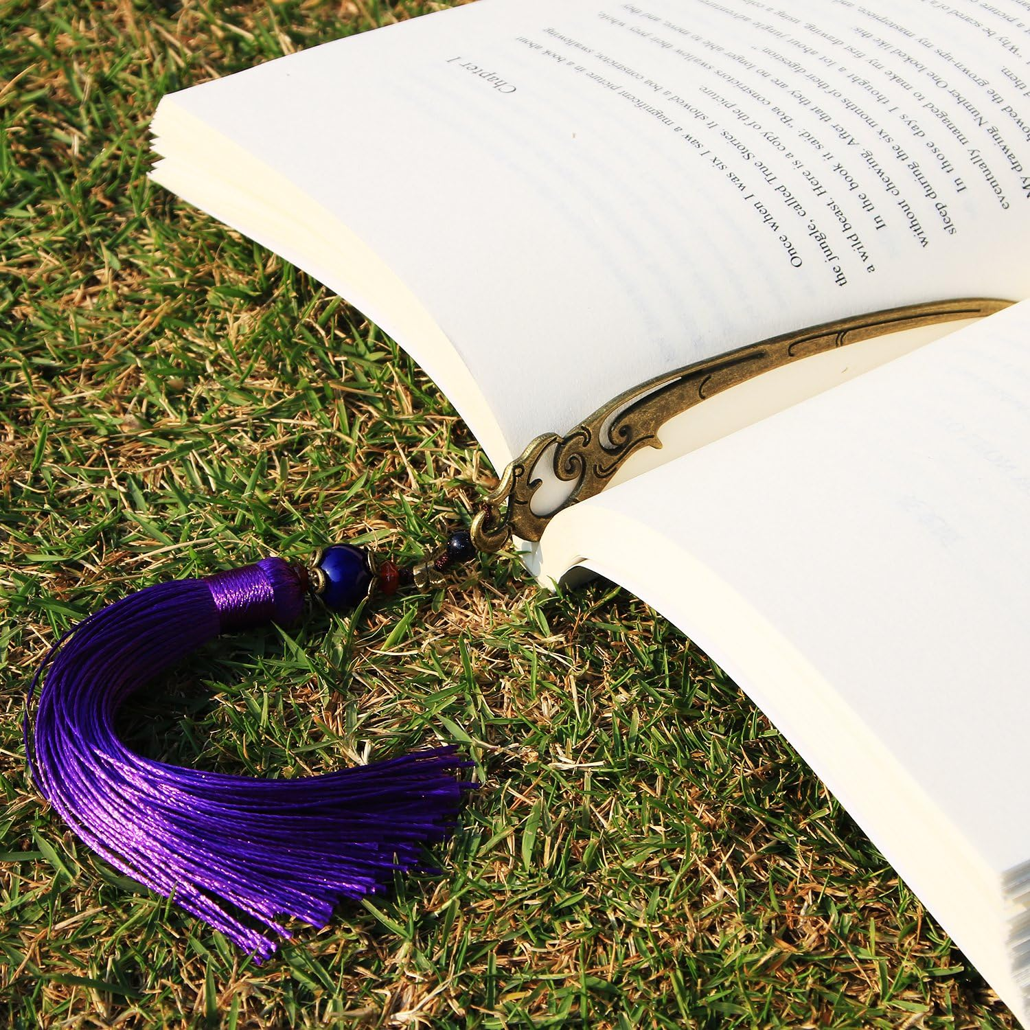 Chinese Metal Bookmarks with Tassel, Vintage Bookmark Unique Classical Ancient Chinese Hairpin Bookmark with Handmade Silky Tassel for Book Lovers Unique Gift - Purple image number 6
