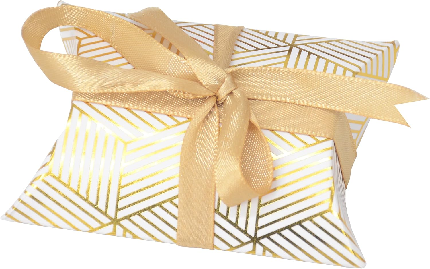 Aokbean 100 Pack Mini Pillow Candy Box Small Gift Boxes with 50 Yards Ribbon for Christmas Wedding Party Favor Gift, Jewelry or Soap Packaging (Gold)
