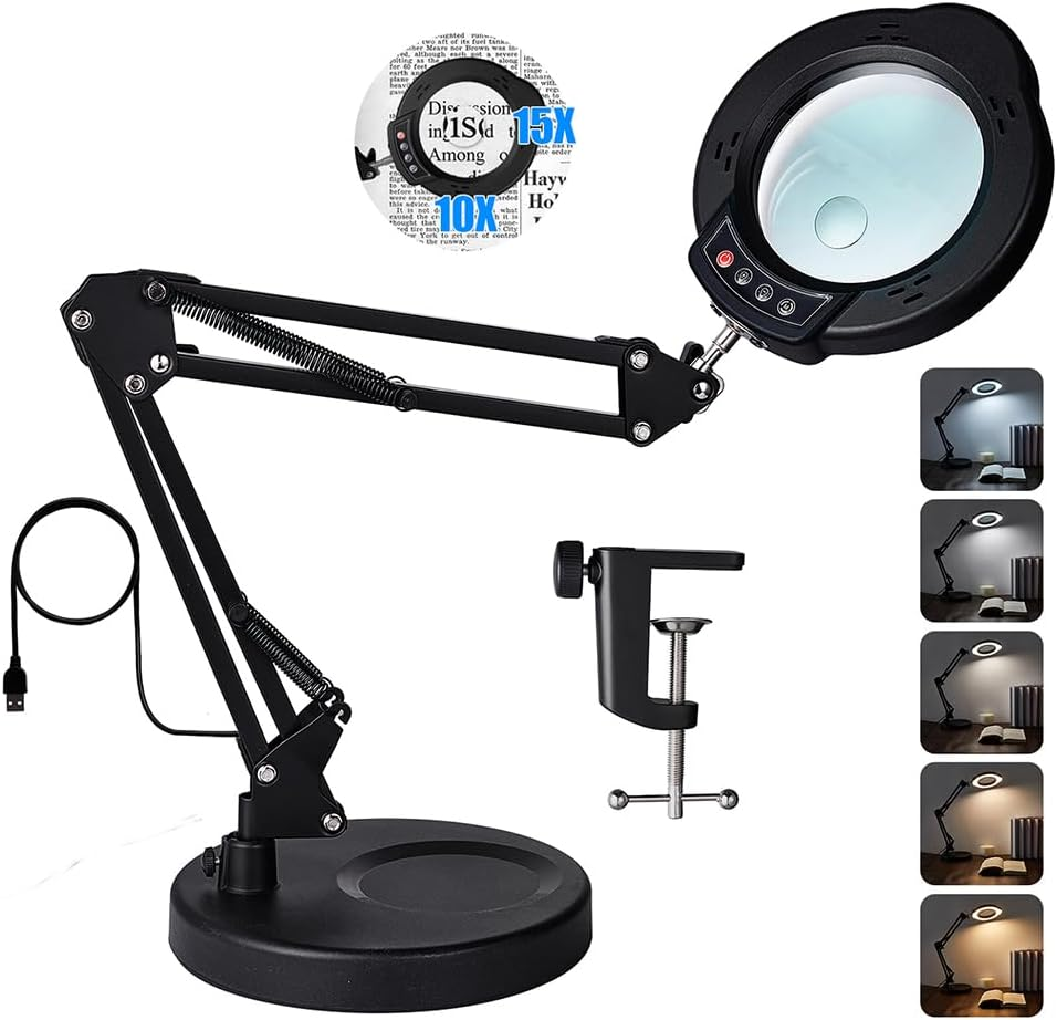15X 10X Magnifying Glass with Light and Stand, 2 in 1 Magnifying Desk Lamp with Clamp & Base, 5 Color Modes Dimmable with Swing Arm, LED Lighted Magnifier Light for Reading, Repair, Craft, Close Work image number 1