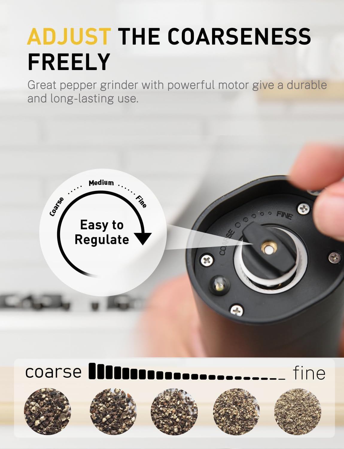 MERTTURM Rechargeable Electric Pepper Grinder, Automatic Pepper Salt Mill with LED White Light, One Hand Operation, Coarseness Adjustable, Refillable and Portable for Kitchen, Restaurant, Camping BBQ image number 3