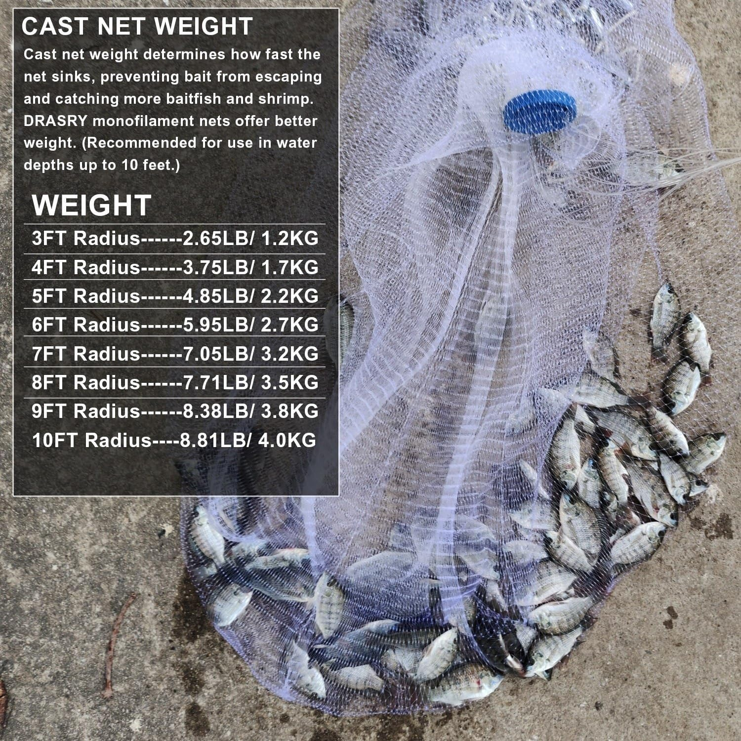 Drasry Saltwater American Fishing Cast Net 3/8Inch Mesh Size for Bait Trap Fish Heavy Duty Throw Net 4FT/5FT/6FT/7FT/8FT/9FT/10FT Radius Size image number 4