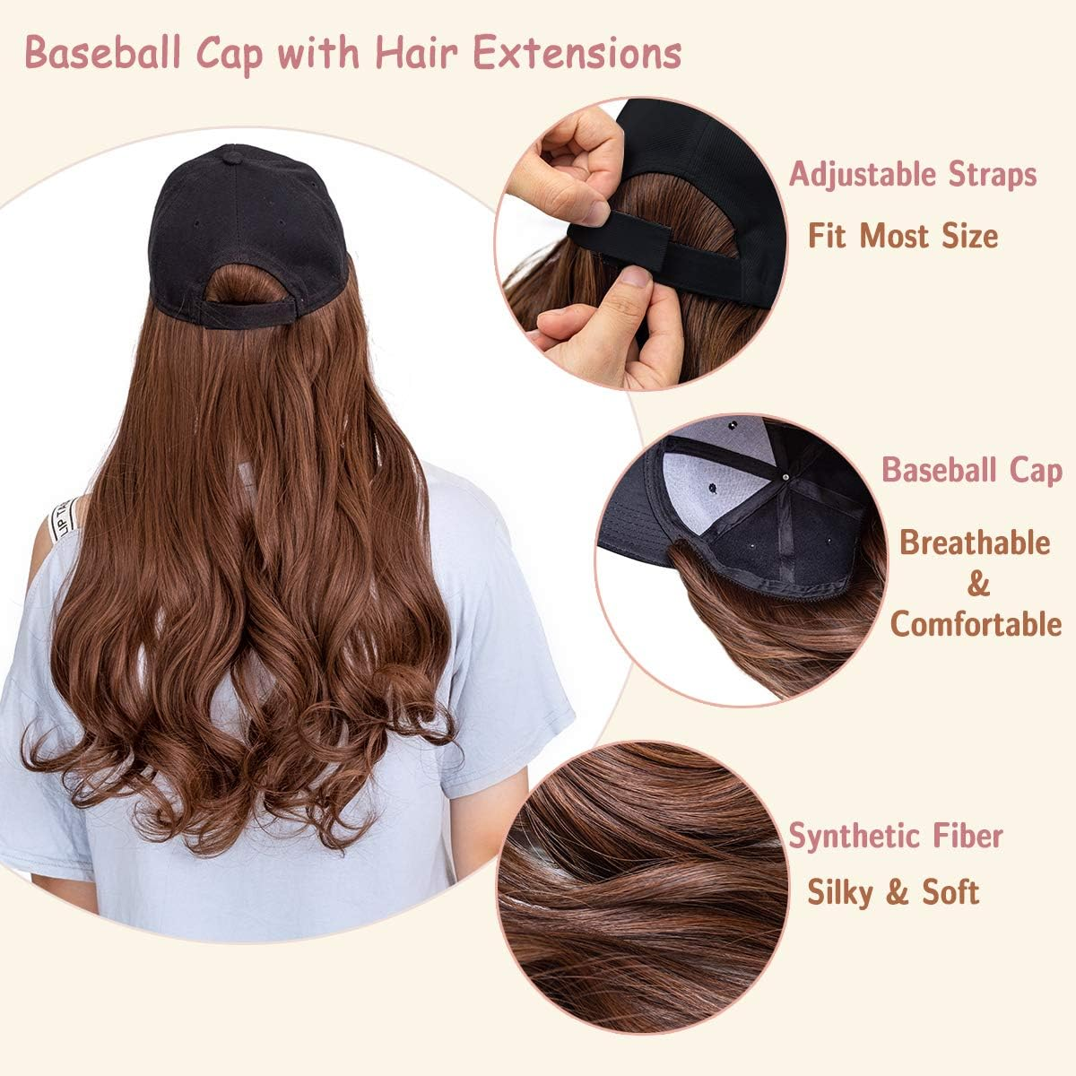 Aynnqueen Baseball Cap with Hair Extensions for Women Adjustable Hat with Synthetic Wig Attached 24Inch Long Wavy Hair Black Baseball Cap image number 5