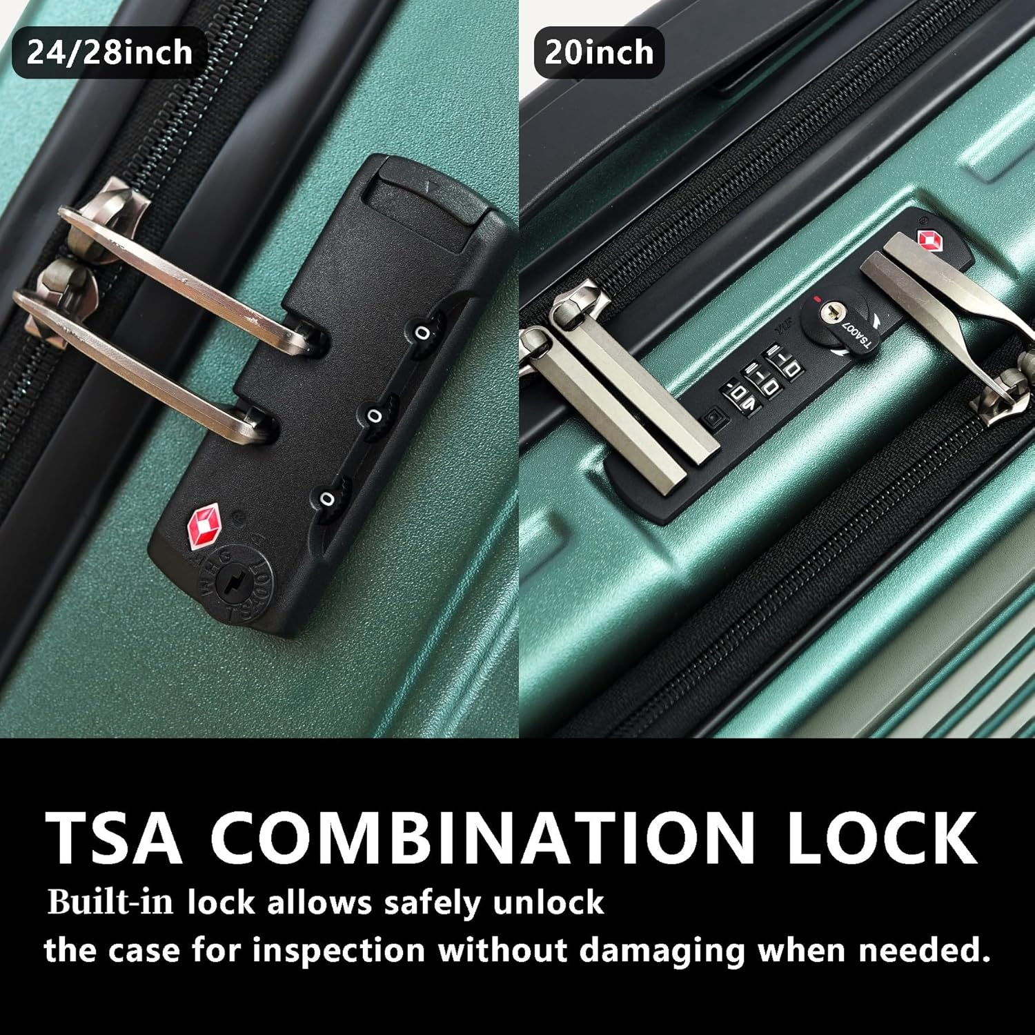 3Pcs (20/24/28) Luggage Set, Hardshell Lightweight Only 20" with Front Pocket, 21.65*15.35*7.87" Fits Overhead Cabin, 24" (26*17.7*10.2") and 28" (19.68*11.81*29.92") Checked Luggage, Green