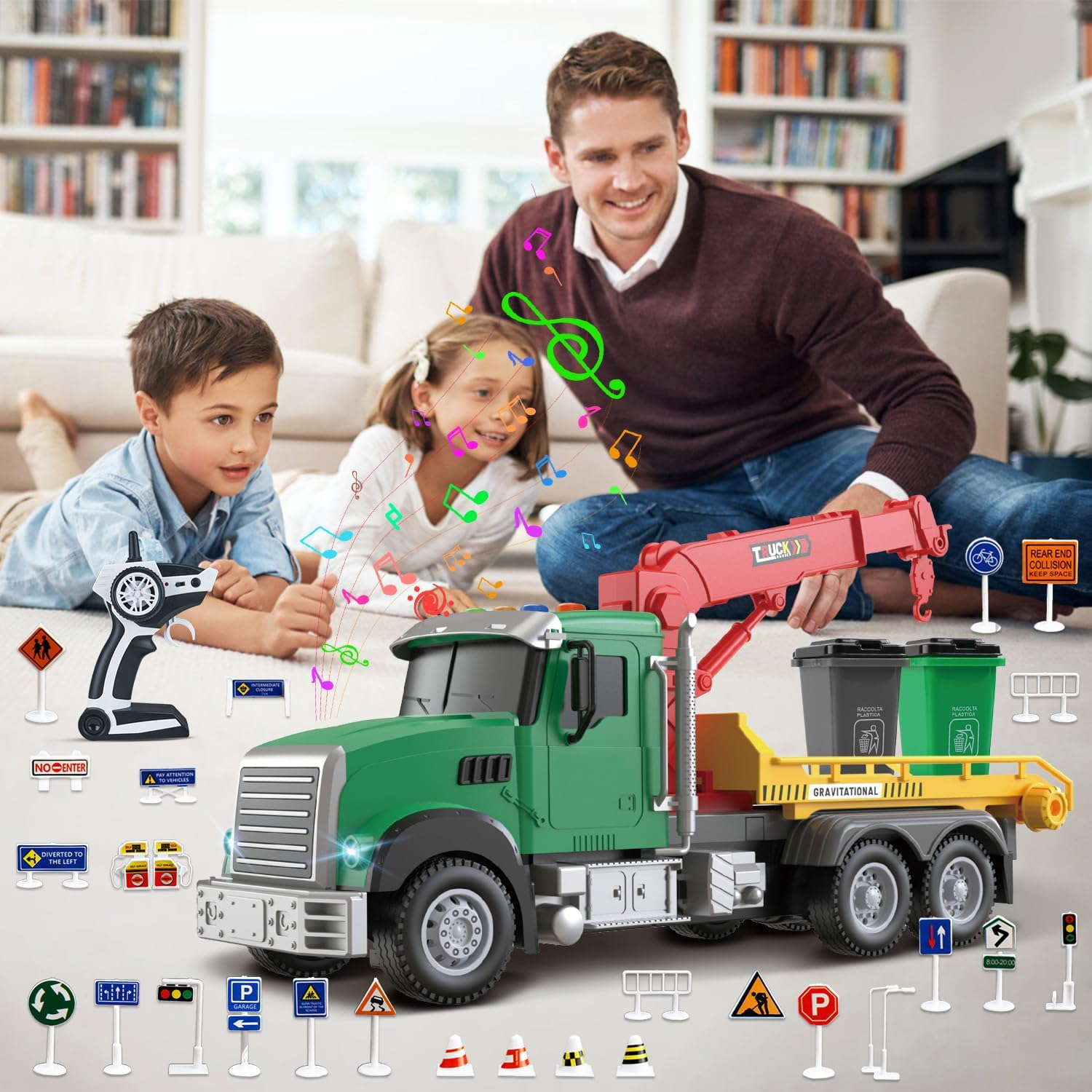 2.4Ghz Remote Control Garbage Truck Toy &ndash; RC Trash Truck with 2 Loader Trash Cans, 4 Channel Recycling Truck, Lights & Sounds, 2 Batteries, 28PCS Traffic Signs &ndash; Kids Toy for Boys Girls 6 7 8