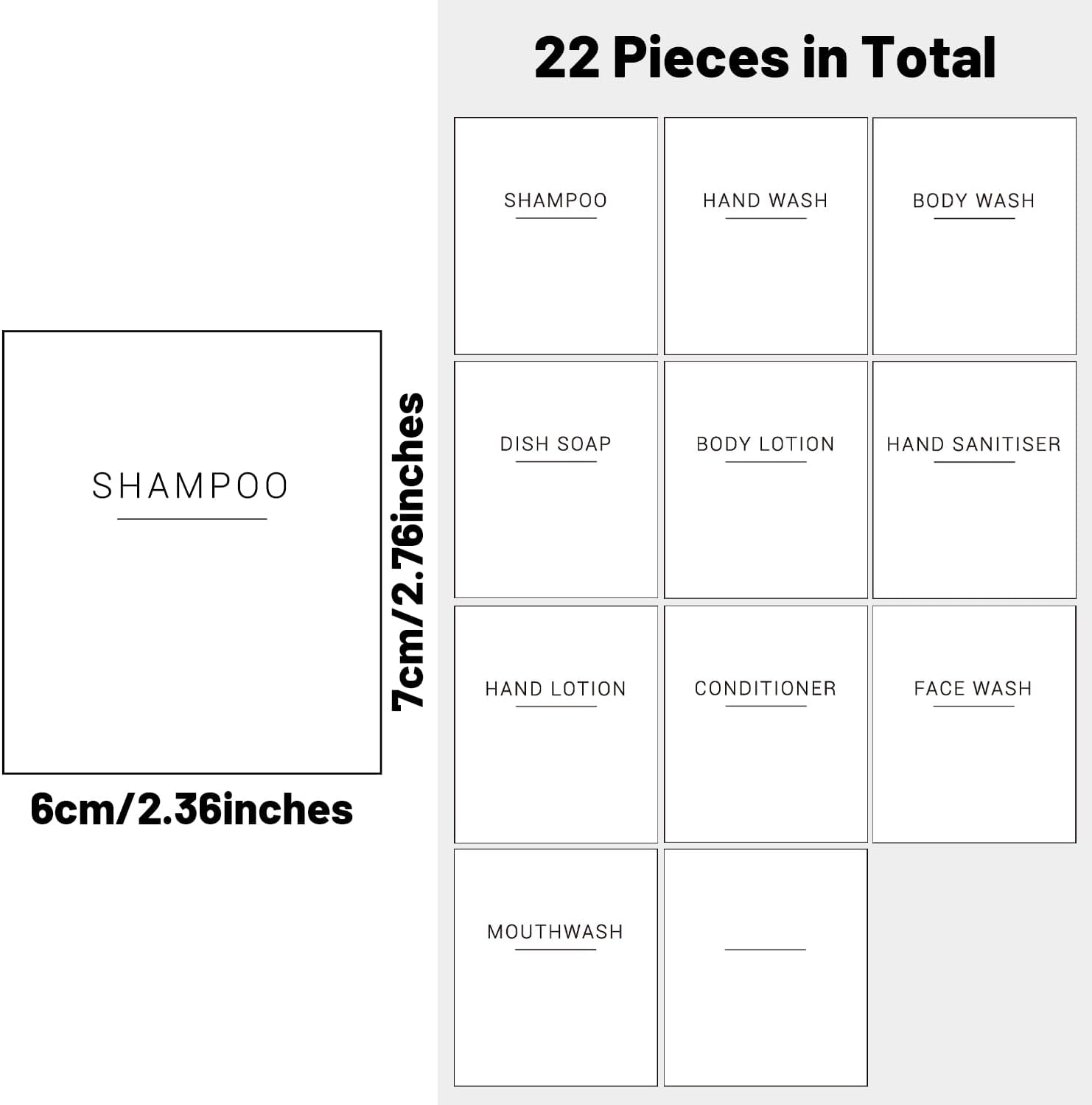 Waterproof Bathroom Labels, 22-Pack White Dispenser Stickers for Shampoo, Soap, Conditioner Bottles - Removable & Reusable