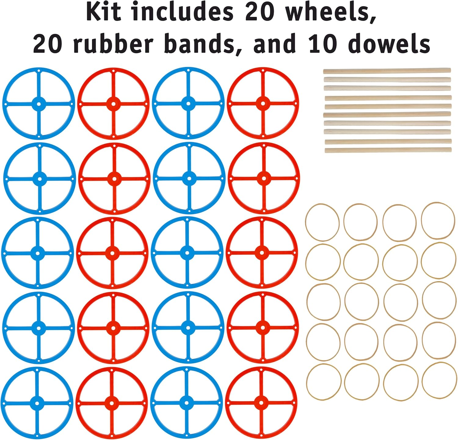 Large Plastic Project Wheels - 20 Wheels, 20 Rubber Bands, 10 Dowels, and a Project Idea - 4.75 Inch Wheel Diameter and 1/4 Inch Axel Hole image number 1