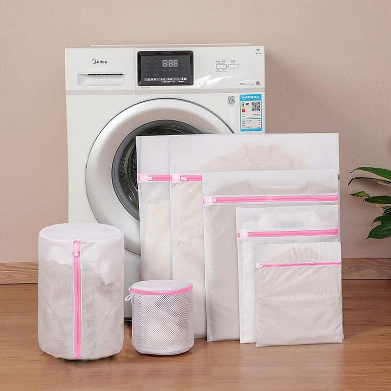 AICONEZ 7Pcs Fine/Coarse Mesh Laundry Bags Washing Bags for Delicates with Premium Zipper Blouse, Bra, Hosiery, Stocking, Underwear, Lingerie Travel Storage Organize Bag (Pink Fine Mesh 7Pcs) image number 2