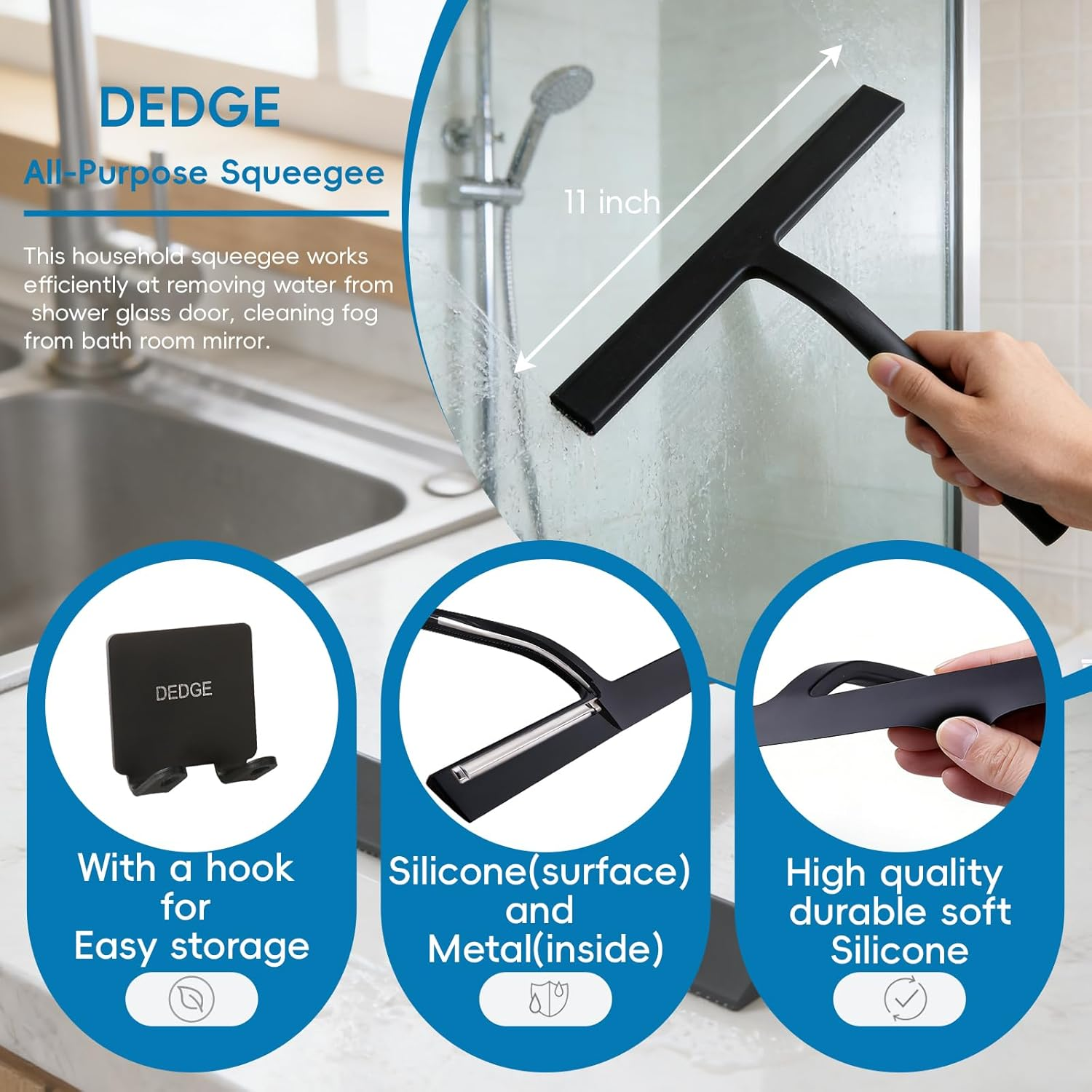 DEDGE Shower Squeegee for Shower Doors with 1 Hooks All-Purpose Glass Squeegee for Bathroom, Shower Doors, Car Windows,Black 11 Inches image number 2
