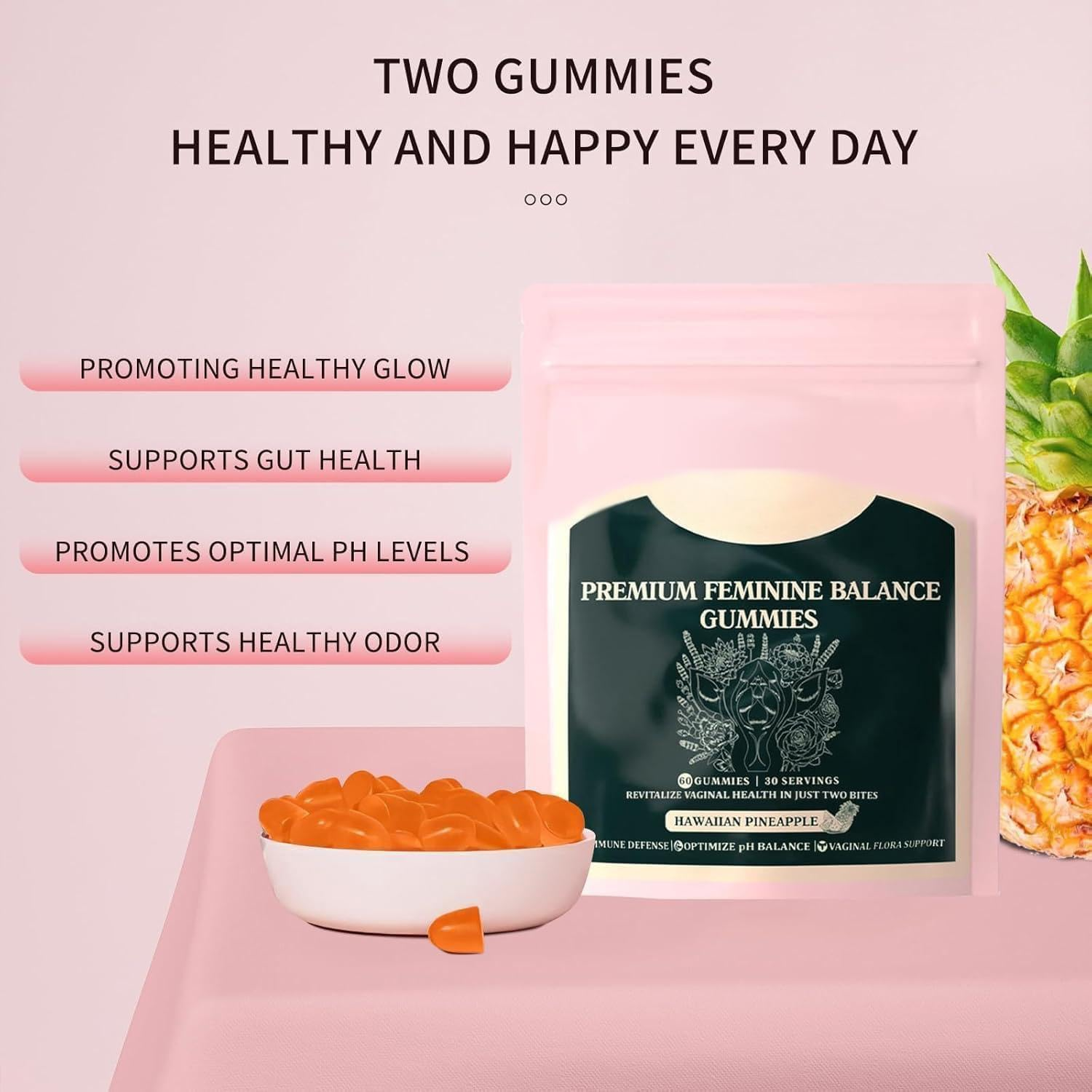 Feminine Balance Gummies | for Women&rsquo;S Health - Gluten-Free & Pineapple - 60 Vegan