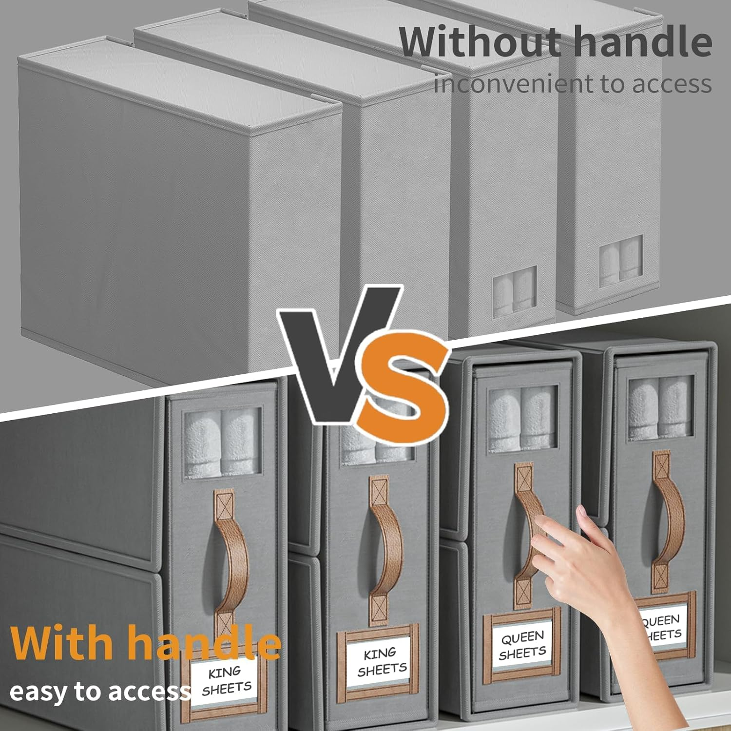 Bed Sheet Organizers and Storage,Foldable Sheet Organizer for Linen Closet,Linen Bedding Storage Box with Leather Handle for Bedsheets,Flannel Blankets,Thin Quilts (Gray, 4 Pack) image number 4