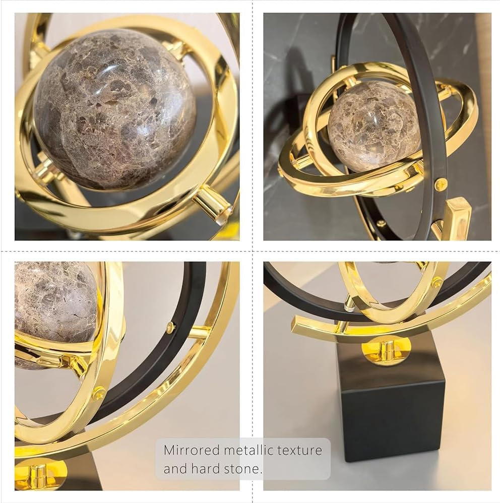 Decorative Statues, Modern Orbital Planet Sculpture Gold and Black Metal round Frame. Alloy Base. Flexible Rotating Desktop Abstract Globe Ornament. image number 6