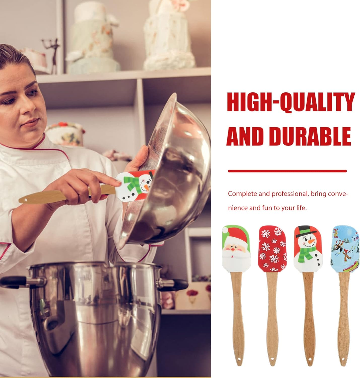 4Pcs Christmas Spatulas for Baking,Christmas Spatula Set Kitchen Christmas Silicone Spatula Set with Wooden Handle for Baking Cooking and Christmas image number 1