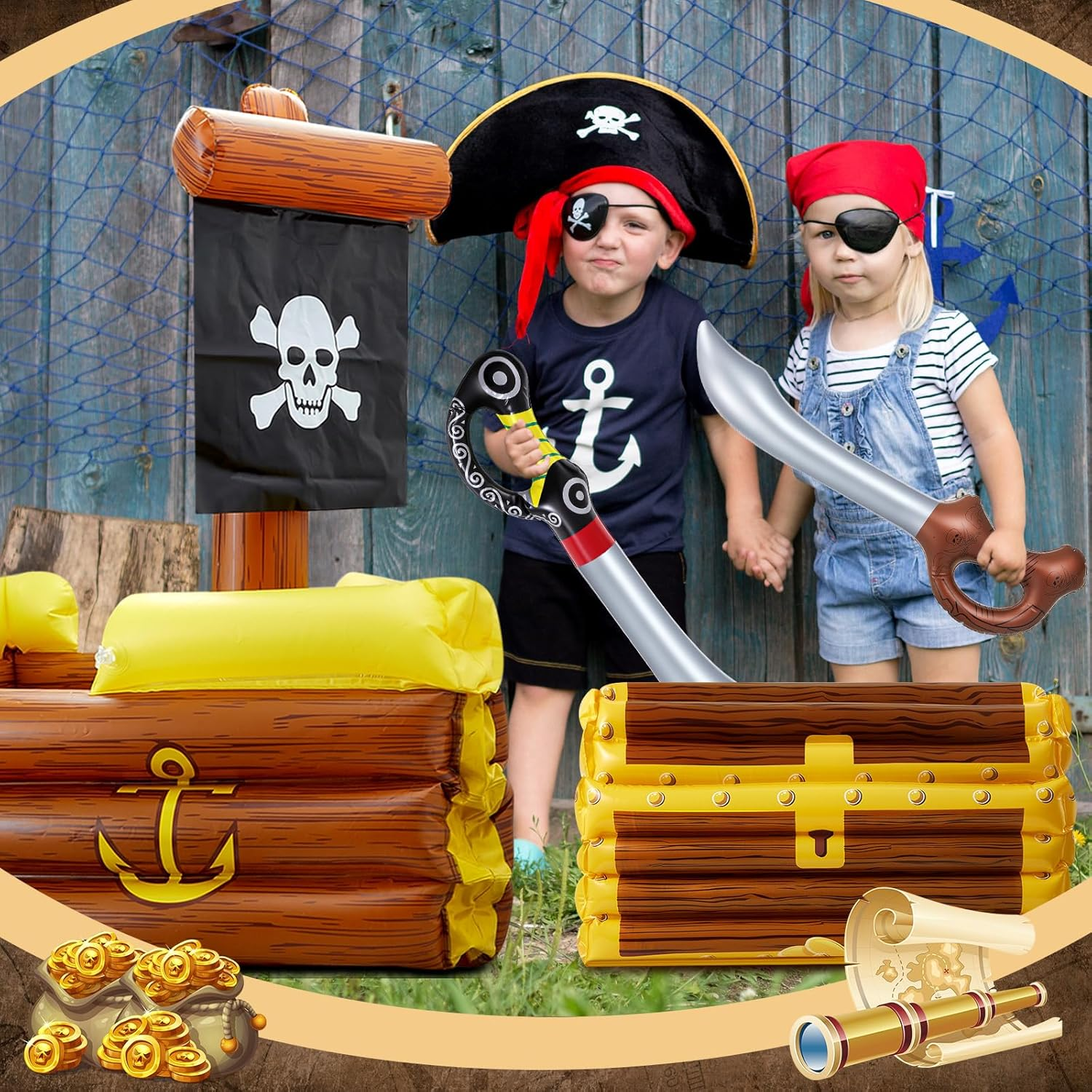 Cunhill 14 Pcs Inflatable Pirate Ship Drink Cooler Treasure Chest Set Party Decoration 1 PC Pirate Ship 1 PC Blow up Treasure Chest 12 Pcs Sword for Kid Birthday, Pool, Carnival Mardi Gras Party image number 5