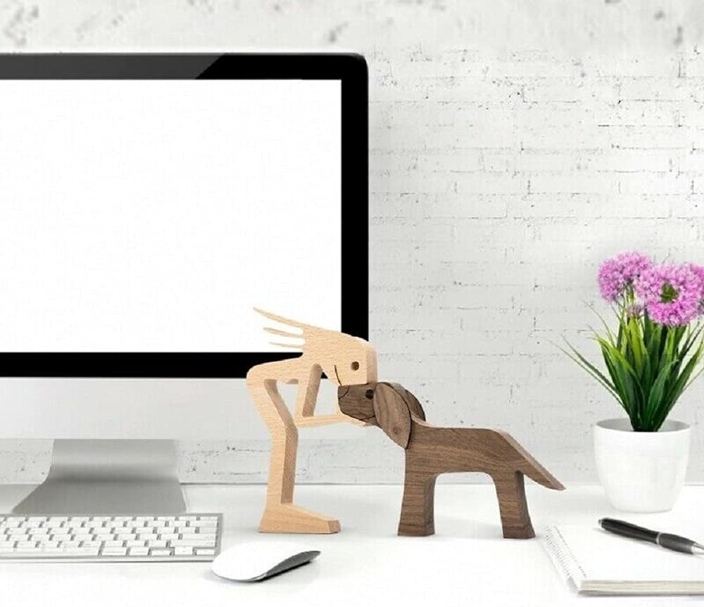 Unique Gift Hand Carved Wood Dog Human Statue Figurine Sculpture Home Office D&eacute;cor, Wooden Man Carving Model to Remember Friendship between Dog and People image number 6