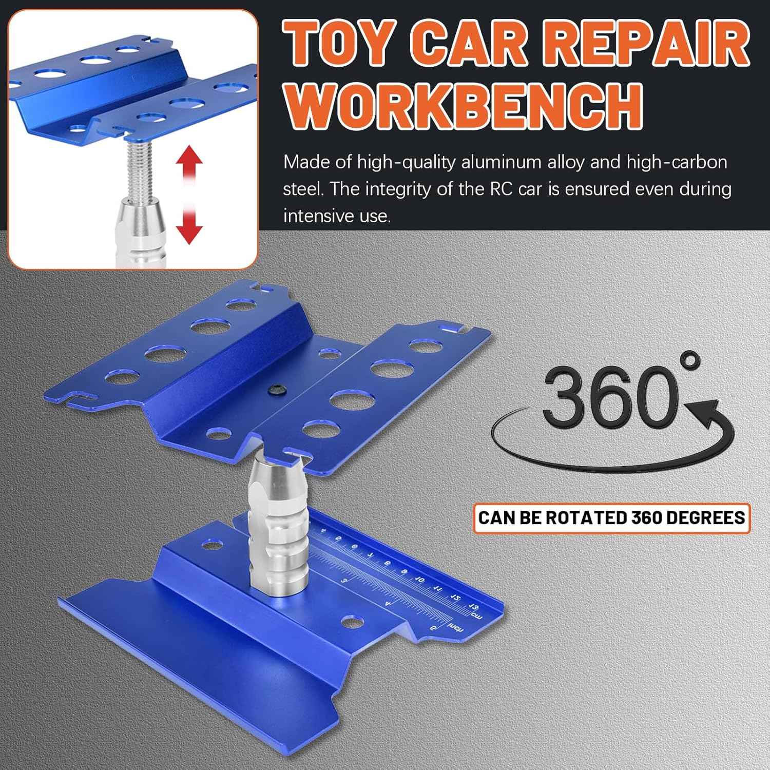 Tanstic 245Pcs Aluminum Alloy RC Car Repair Work Stand with RC Screws Kit, 360 Degree Rotation Lift/Lower RC Car Work Stand Repair Workstation for 1/8 1/10 1/12 Scale RC Cars Trucks image number 3