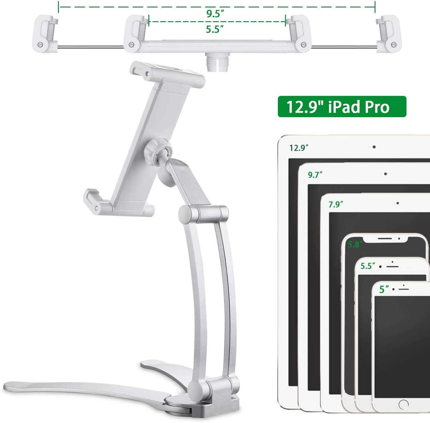 Cenawin Adjustable Tablet Stand - Universal Tablet Holder, Kitchen Tablet Wall Mount, Desktop Stand Dock with Aluminum Arm Compatible for 5-12.9 Inch Ipad, Ipad Pro/Air/Mini, Iphone 12/Max Pro, Switch image number 1