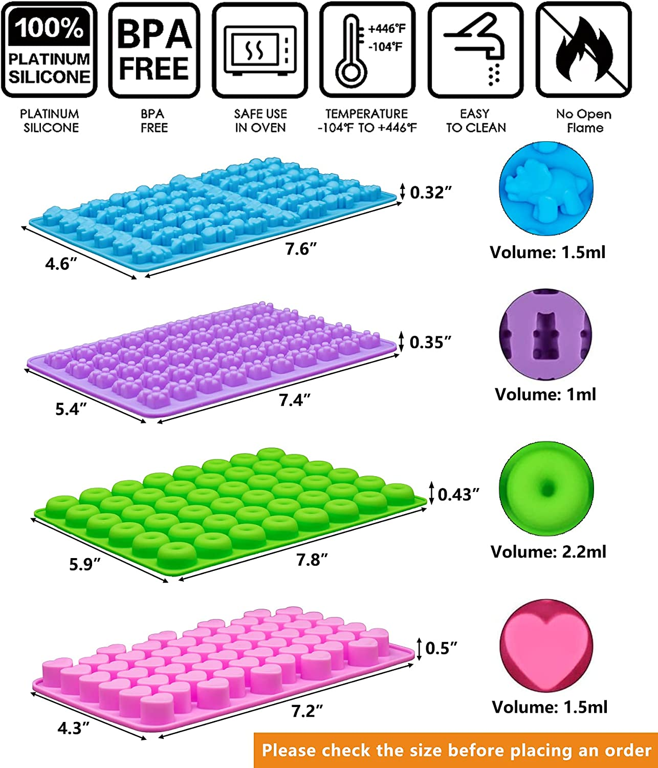 Gummy Bear Candy Molds Silicone, Gummy Molds with 2 Droppers, Non-Stick Silicone Candy Molds Including Mini Dinosaur, Bear Shape, Hearts and Mini Donut, Set of 4