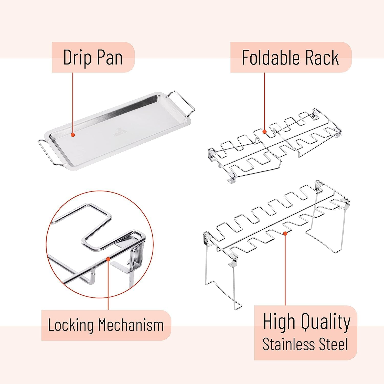 Chicken Leg Wing Rack 14 Slots Stainless Steel Metal Roaster Stand with Drip Tray for Smoker Grill or Oven, Dishwasher Safe, Non-Stick, Great for BBQ, Picnic