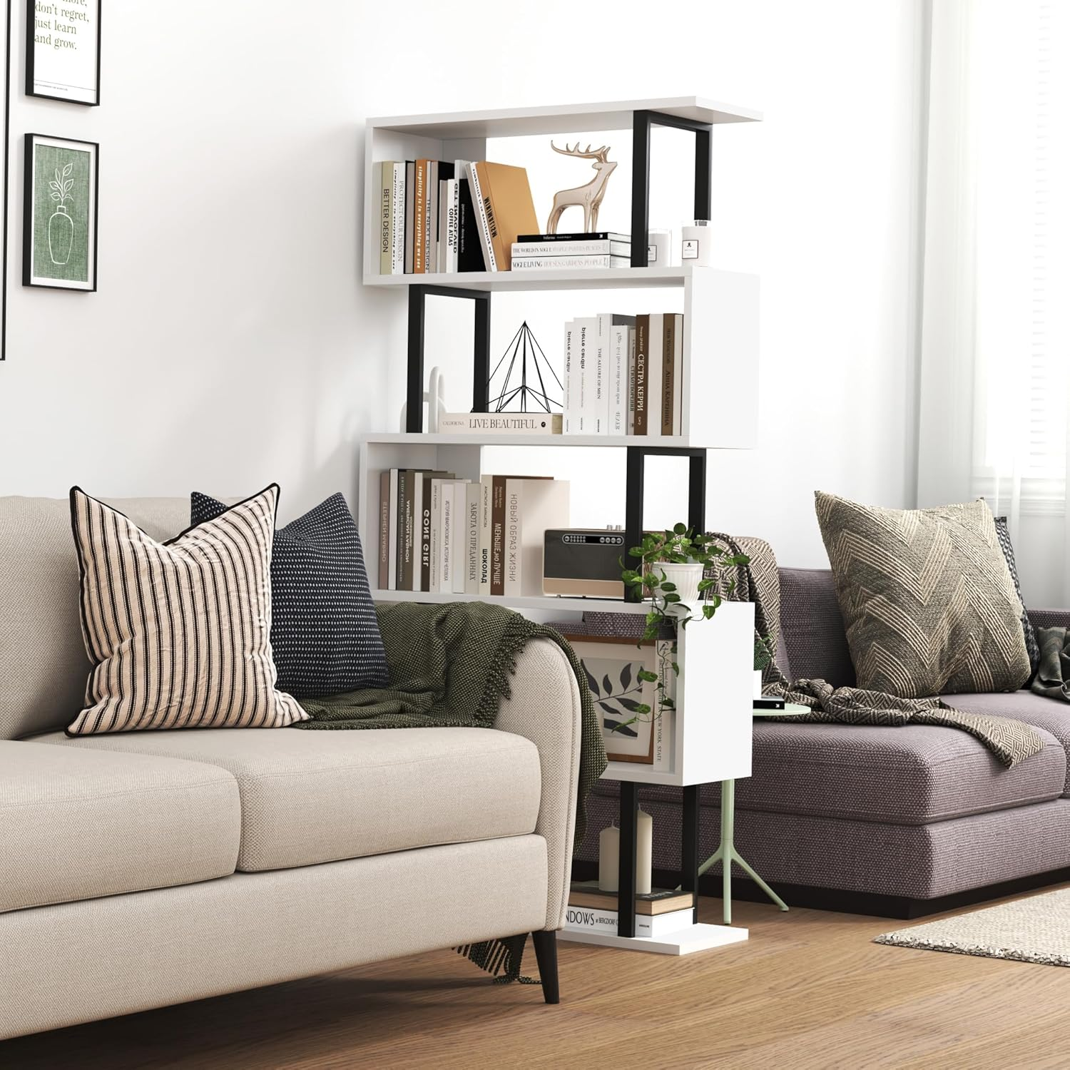 HOMEFORT 5-Tier S-Shaped Bookcase, Geometric Bookshelf for Living Room & Bedroom, Modern Wood & Metal Storage Shelf, Freestanding Display Shelves, Space-Saving Tall Book Shelf White and Black image number 2