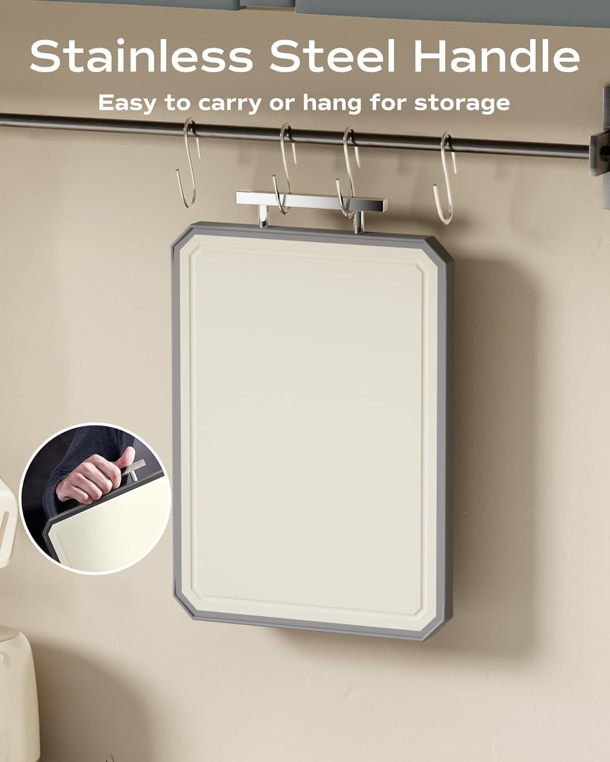 SNOWCLAD Stainless Steel/Wheat Straw Pp Large Cutting Board, 13"L X 10"W, Brown and Silver, Double Sided, Juice Groove, Non-Slip Handle, Dishwasher Safe, Non-Toxic, for Meat, Veggies, Fruits image number 3