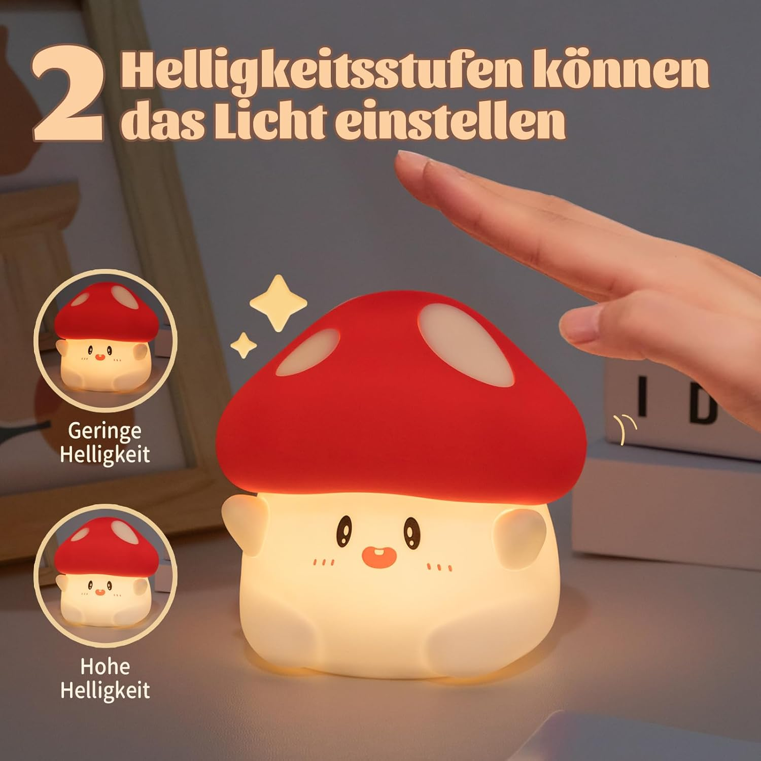 Mushroom Night Light, Cute LED Squishy Night Lamp, 2 Levels Dimmable, Rechargeable, Timer, White Silicone - White image number 3
