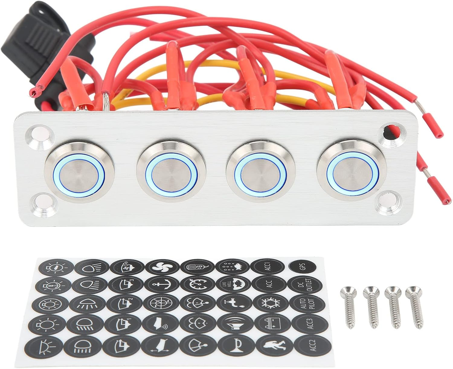 4 Gang Rocker Switch Panel, 12V 16A On/Off Push Button Switch Panel with Blue Backlit LED, Universal Boat Marine Rocker Switch Aluminum Panel for Car, RV, Truck, Automotive image number 6