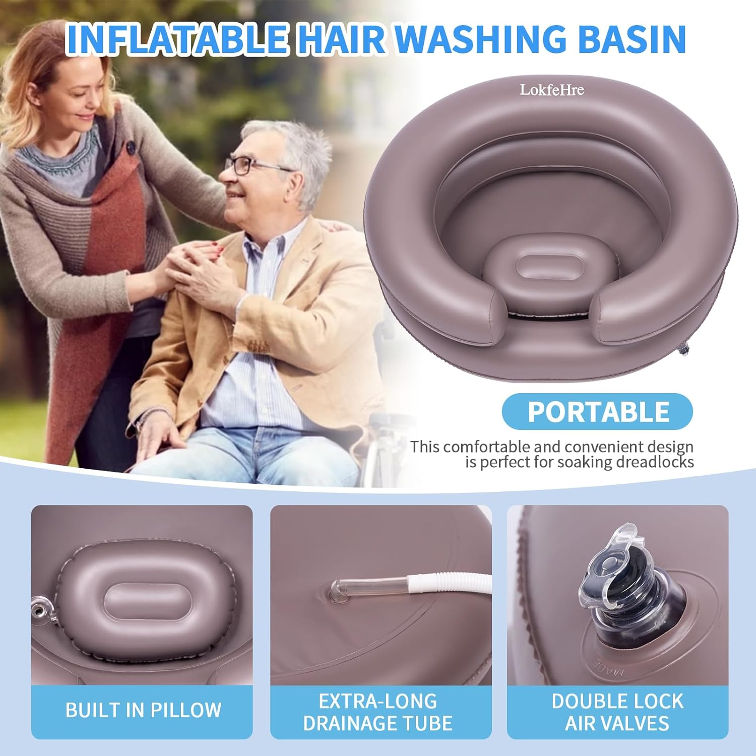 Large Portable Inflatable Hair Washing Basin for Bedridden - Wash Hair in Bed with Inflatable Shampoo Bowl.Hair Washing Basin for Elderly,Disabled,Injured,Ideal Inflatable Sink for Locs Detox image number 5