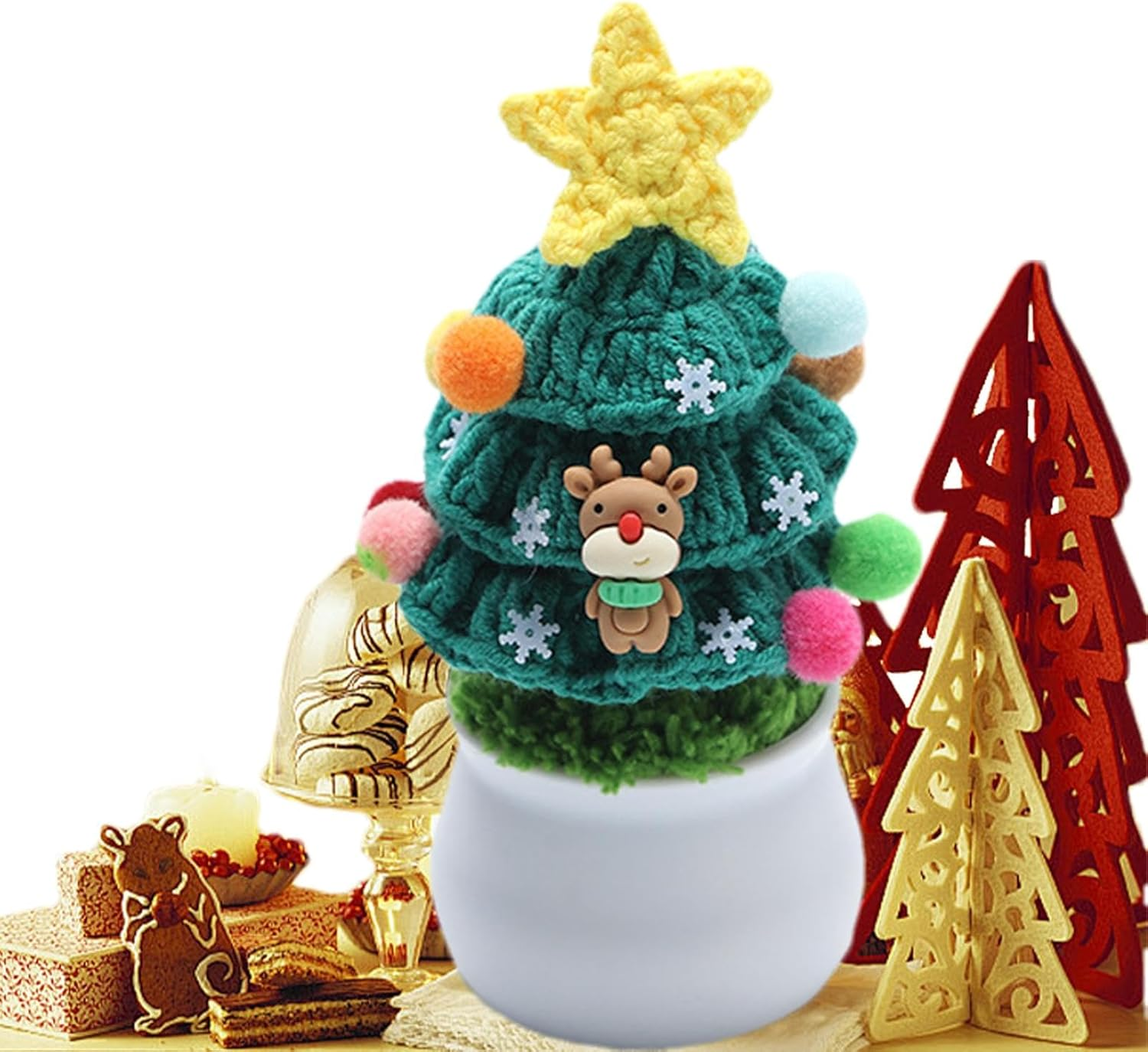 Christmas Tree Table Decor | Knitted Potted Tree Table Decoration with Deer | Winter Decoration, Art Craft for Holiday Home Tabletop Decor image number 4