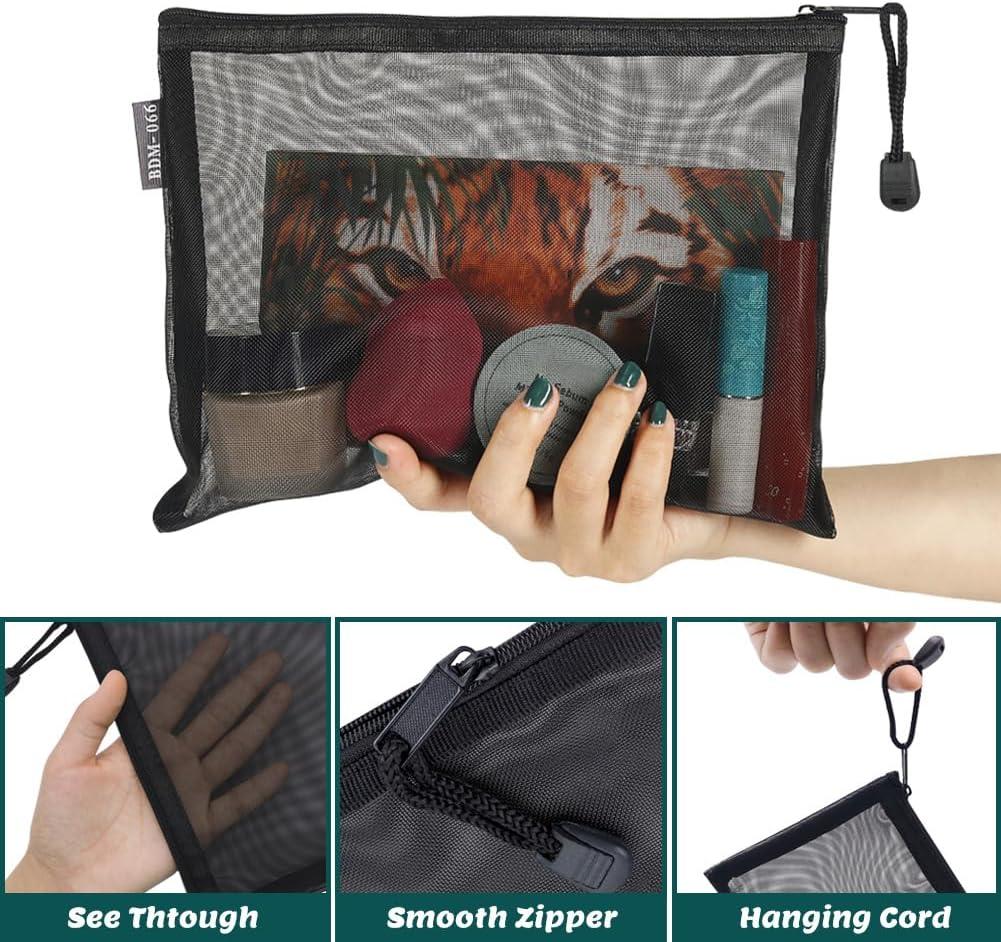 6 Pack Mesh Cosmetic Bags, Nylon Makeup Pouches with Zipper for Home Office Purse Diaper Bag (Black) - Black image number 4