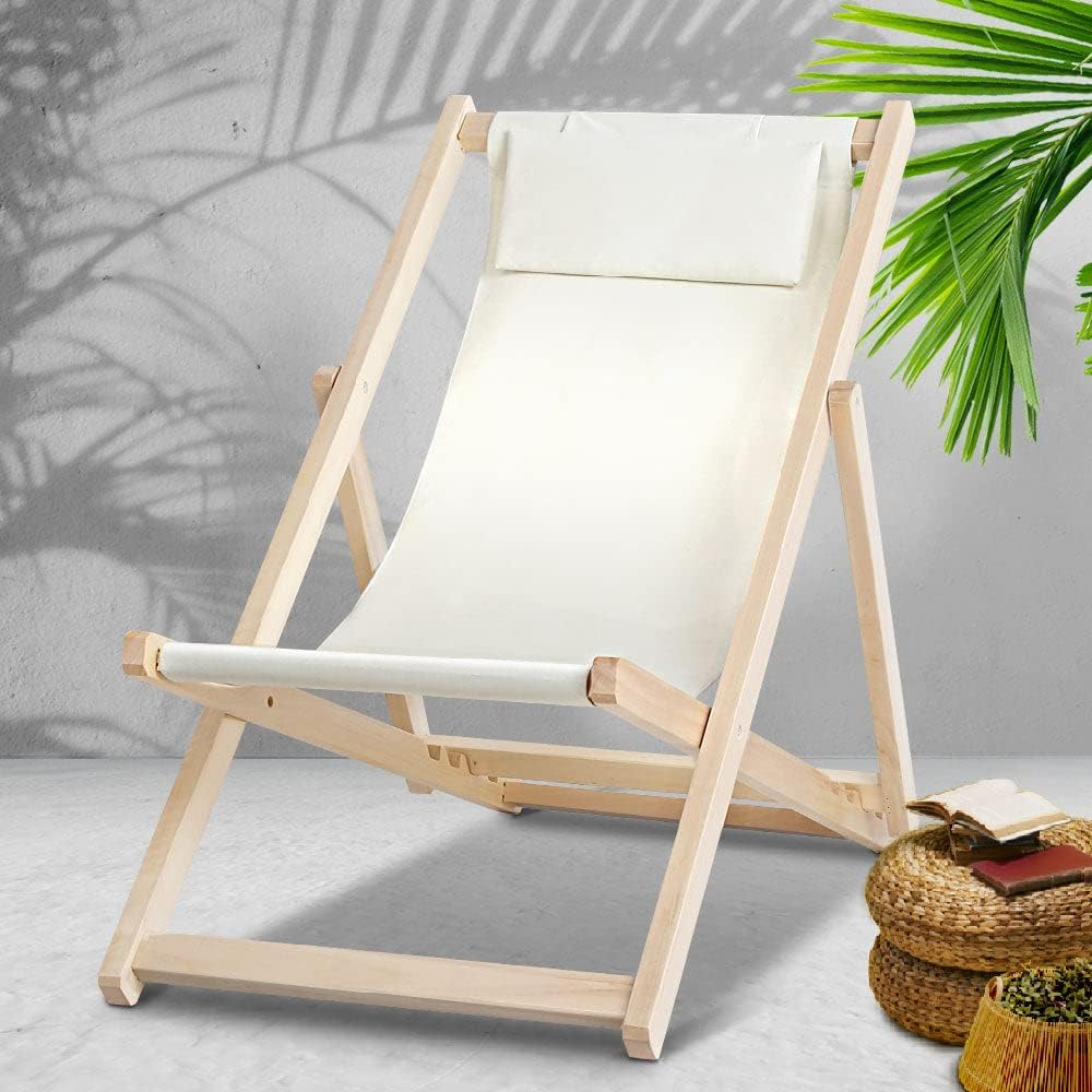 Gardeon Camping Beach Chair Wooden Folding Sun Lounge Deck Chairs Lounger, Outdoor Furniture Armchairs Garden Patio Pool Backyard Camp Picnic, with Pillow Oxford Fabric Beige