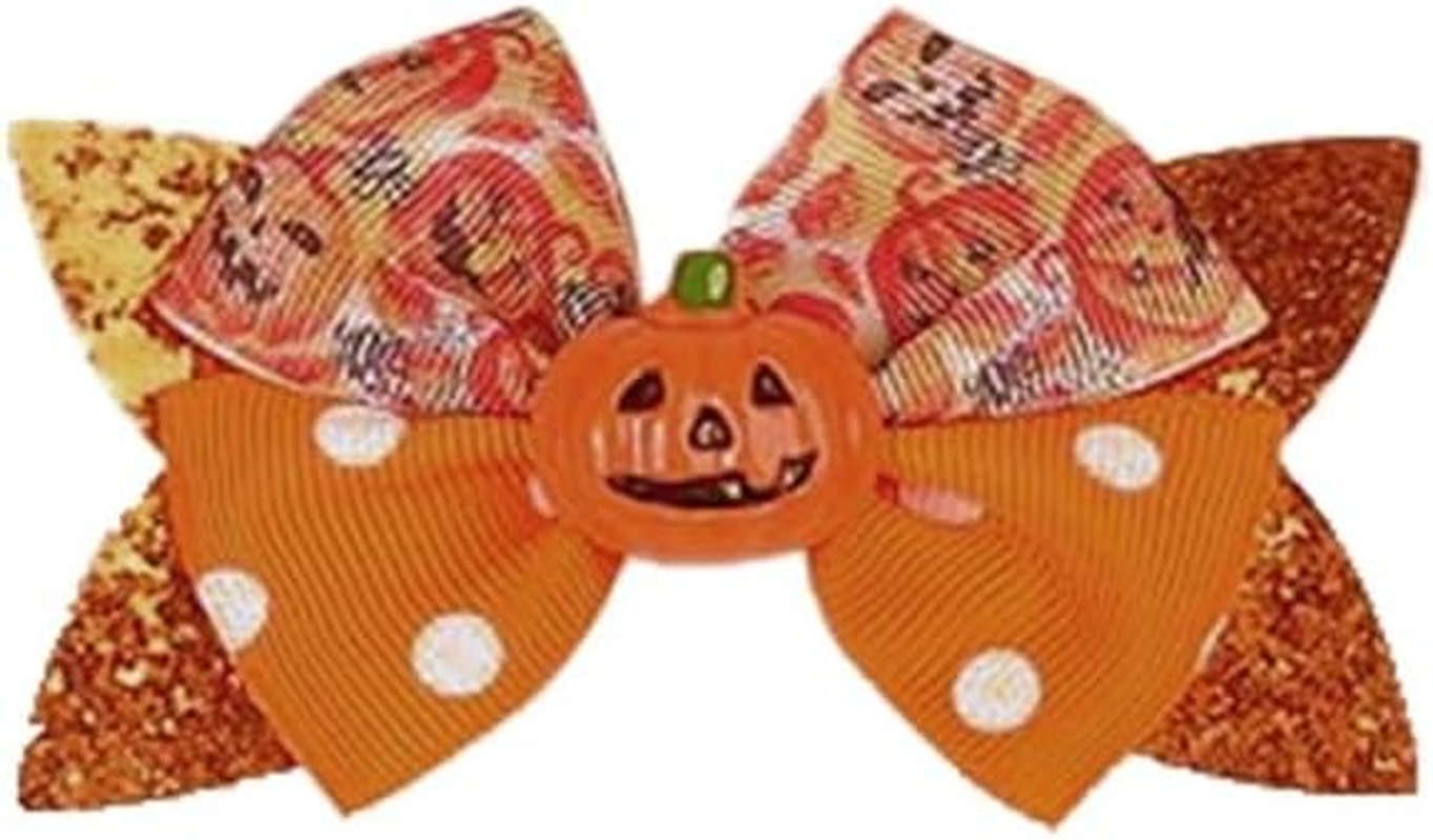 3.9"Hair Bows Clips Halloween Bow Glitter Accessories for Baby Girls Toddlers, Spider Hair Clip Pumpkin Headdress (Orange, One Size) image number 3