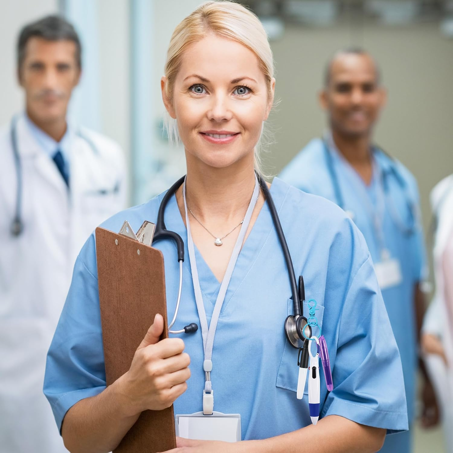 HOYDATE 8Pcs Mini Highlighter Nurse Pen Pack Set Nurse Pens for Badge Include Tip Highlighter 2 Permanent Marker Pens and 2 Retractable Ball Pen with 2 Nursing Keychain Clip (Rose Red+Blue) image number 1