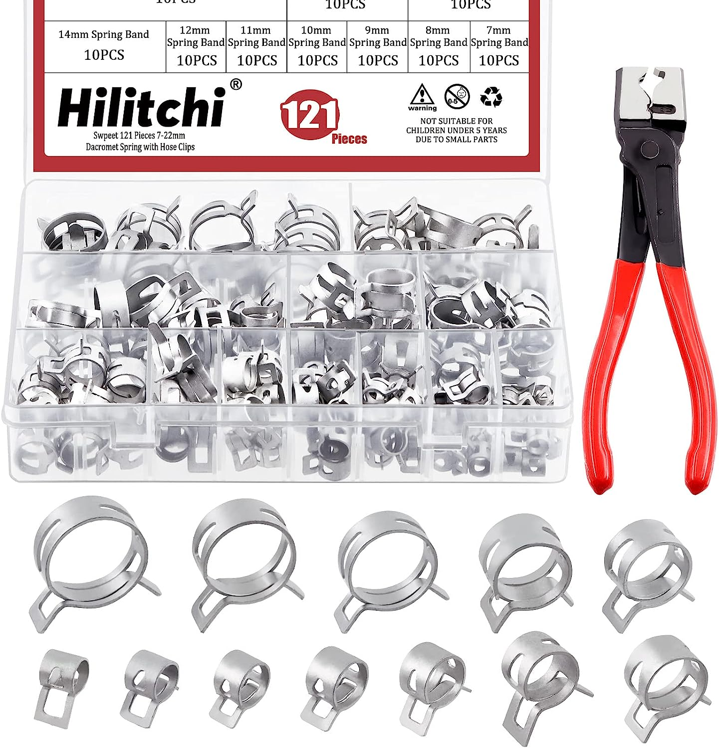 Hilitchi 121Pcs 12 Sizes Spring Band Hose Clamp Kit, 7MM-22MM Low Pressure Air Clip Clamp with Hose Clip Pliers, Fuel Line Hose Clips Silicone Vacuum Hose Clamp Fastener
