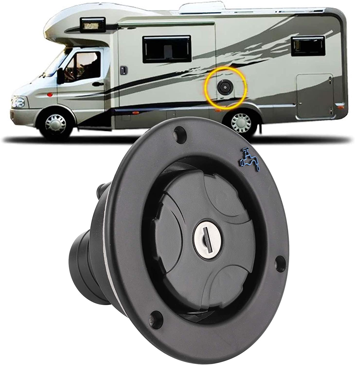 RV Water Filling, Gravity Water Inlet Plastic Water Filler Cap Black Water Filling Port Corrosion Resistant Lockable for Motorhome for RV Caravan image number 2
